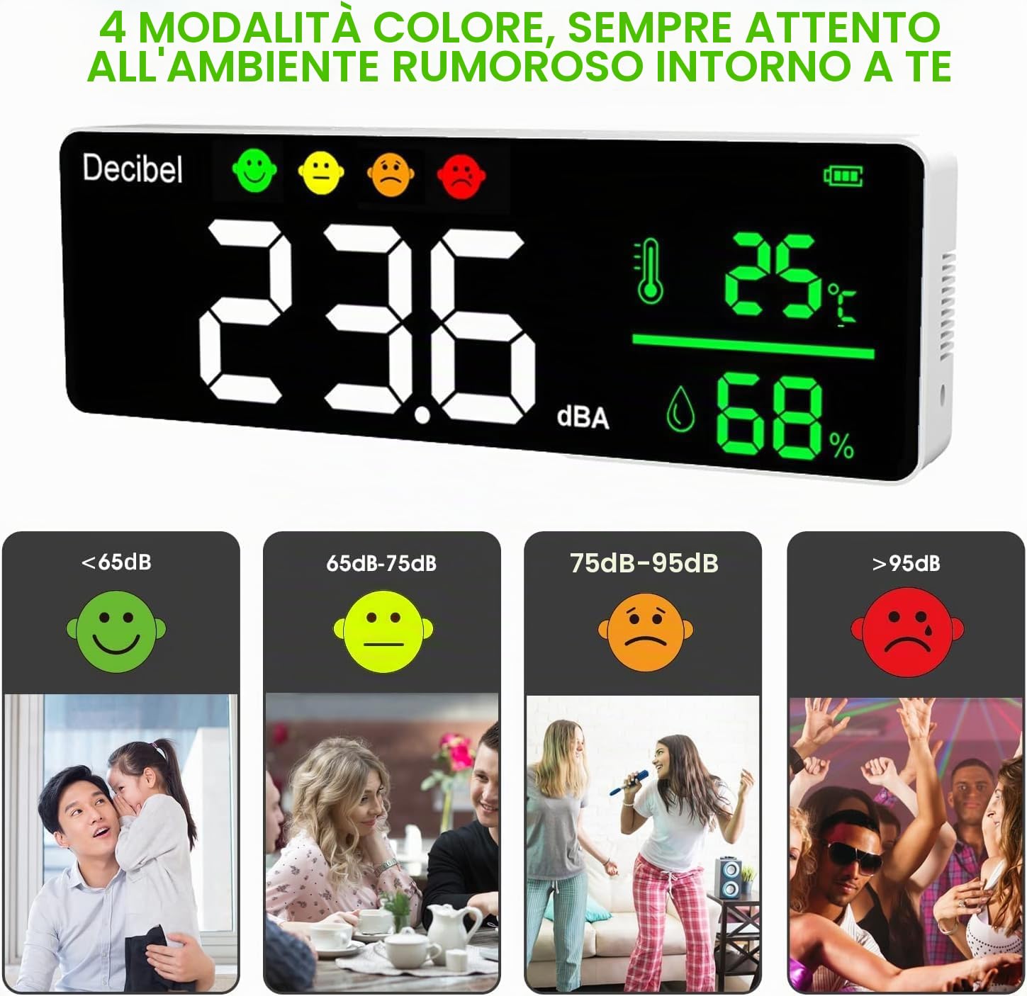 Misuratore digitale decibel db, rilevatore di rumore intelligente con indicatore LED, indicatore di rumore, temperatura decibel con registrazione umidità 30-130 dB gamma rumore decibel metro
