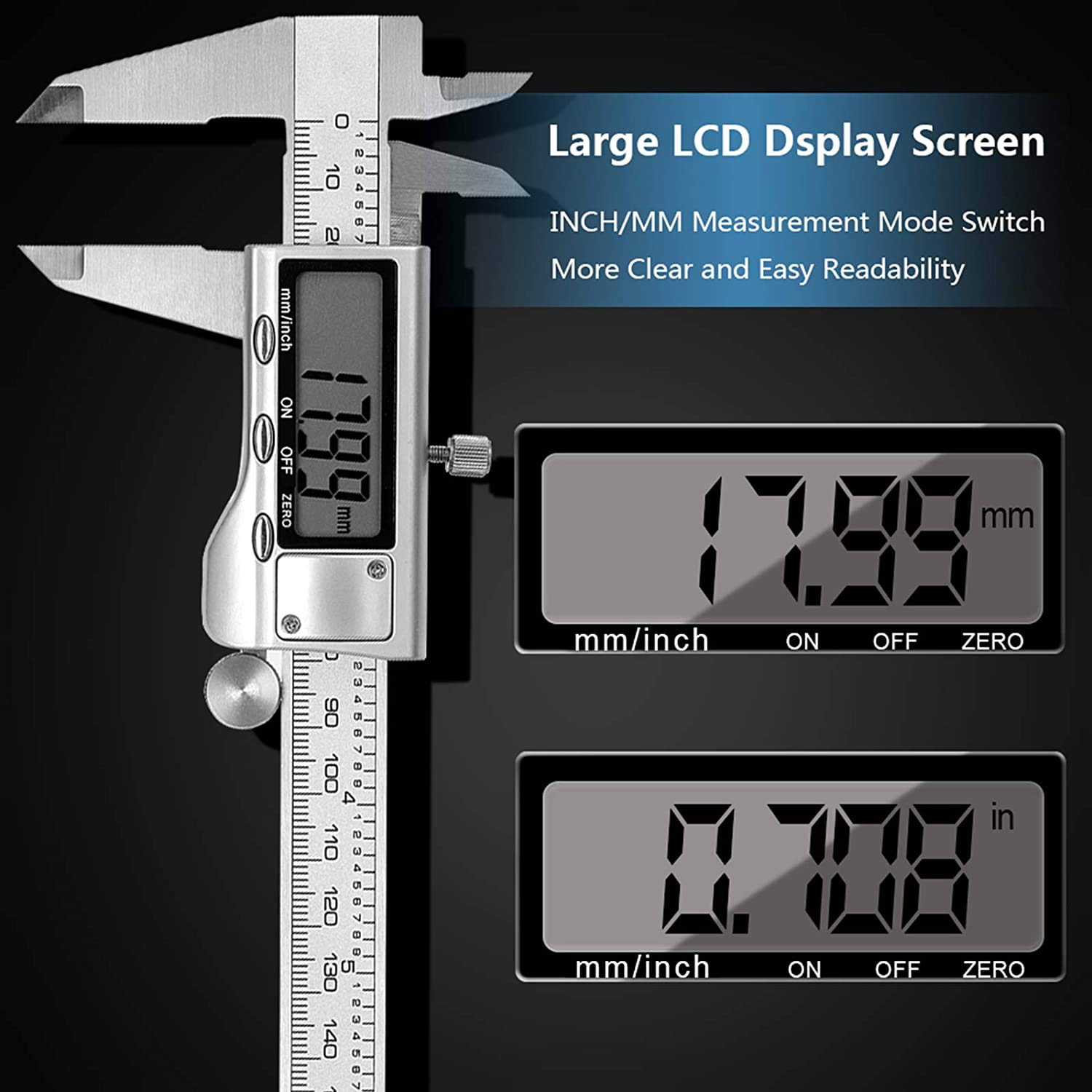 Pie de Rey Digital, Calibre Digital 100/150/200/300mm Pulgadas de Acero Inoxidable,calibrador Micrómetro con gran pantalla LCD,Profesional Medición de Diámetro Interior,Exterior,Profundidad y Escalera