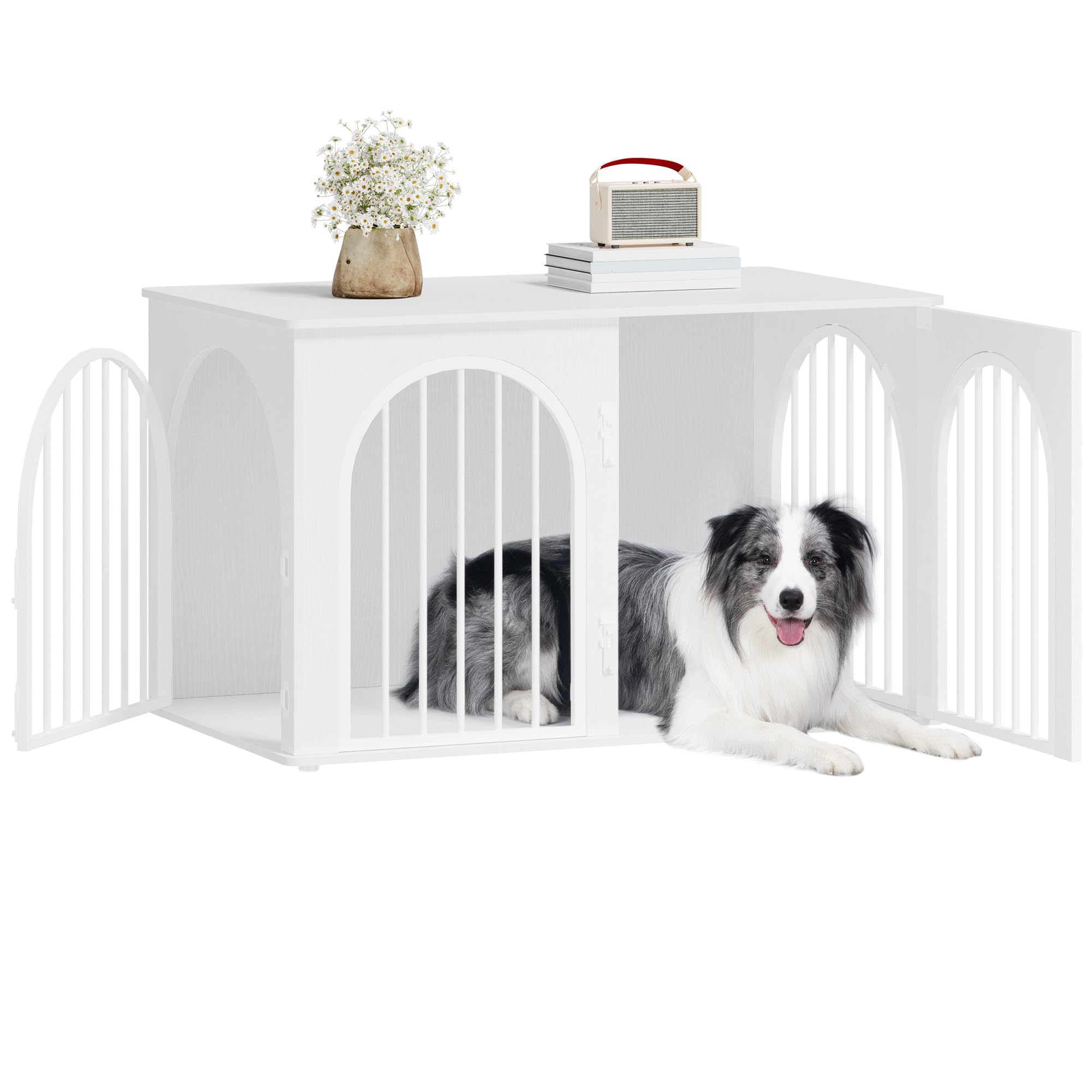 Hzuaneri 100cm Gabbia per Cani, Tavolo Supplemento, Cuccia Moderna per Cani Interno, Kennel cane Medio, Casetta per Animali, 3 porte, Porta ad arco, 100 x 60 x 63 cm, Bianco DFC84113W