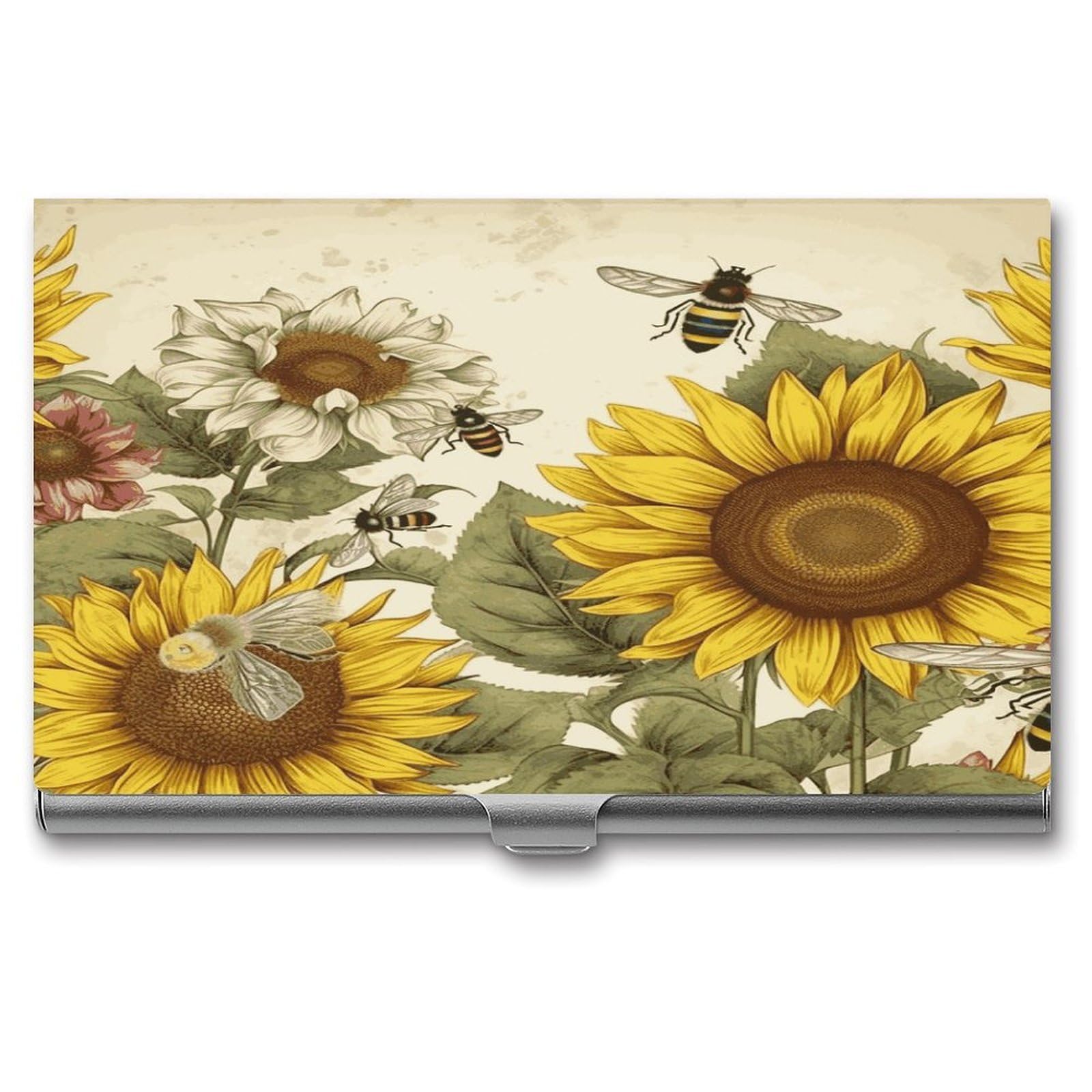 JTREHY Bees Sunflowers Daisy Rose Flowers Business Card Case Convenient to Carry Business Card Dispenser Durable Not Prone to Wear And Tear Business Card Holder for Men & Women