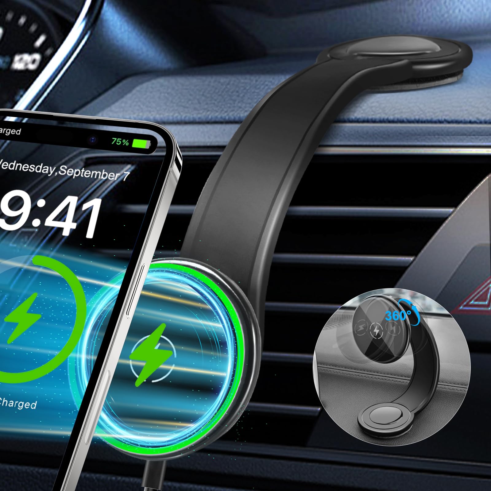 Upgraded Magnetic Wireless Car Charger, 15W Fast Charging for MagSafe Car Mount Charger with 360° Adjustable Arm, Relocatable Cell Phone Holder for