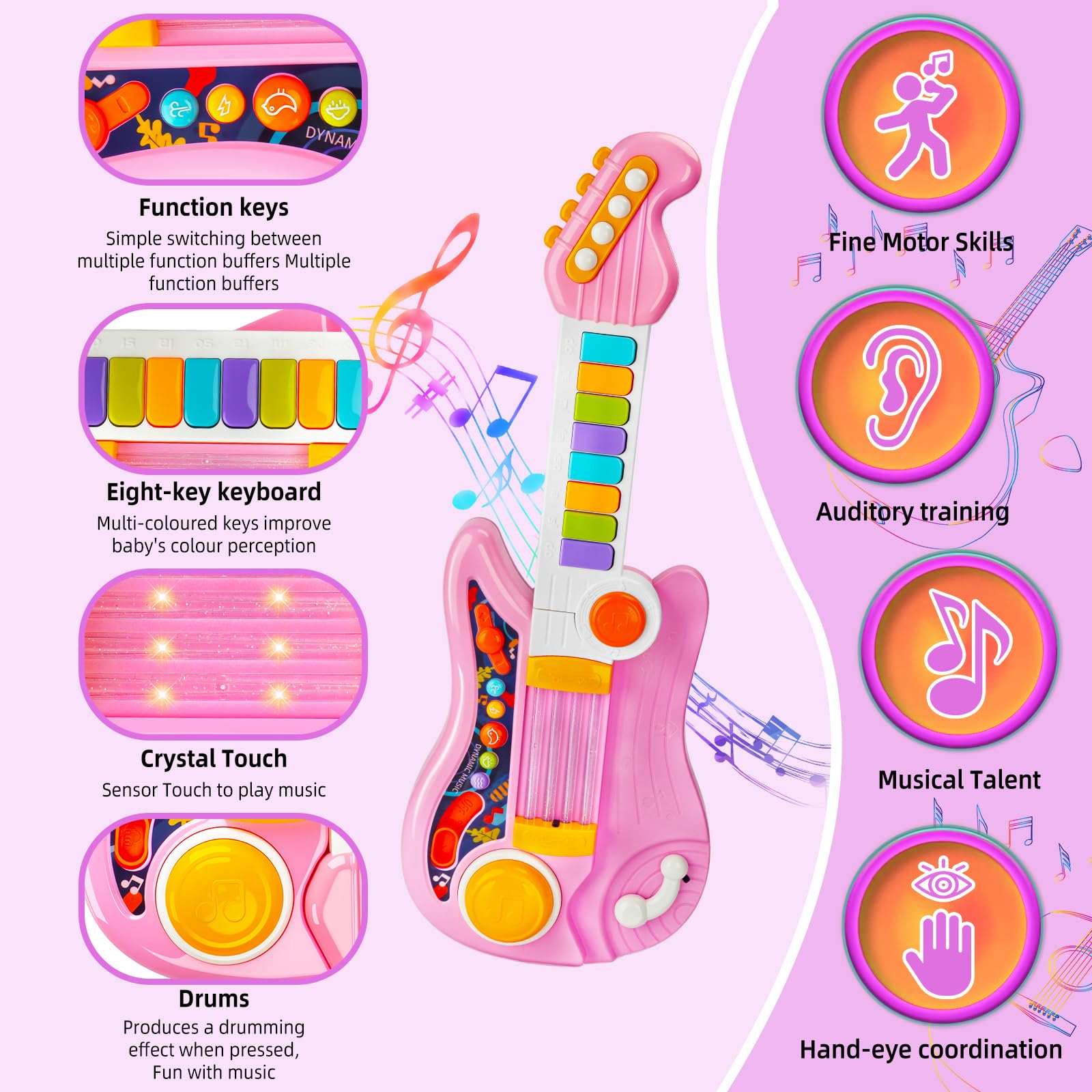 Chitarra Giocattolo Musicale per Bambini, 4 Modalità di Gioco, Strumento Musicale Giocattolo Multifunzione con Canzoni,Luce e Cinghia,Strumenti Musicali per Bambini, dai 12 Mesi+