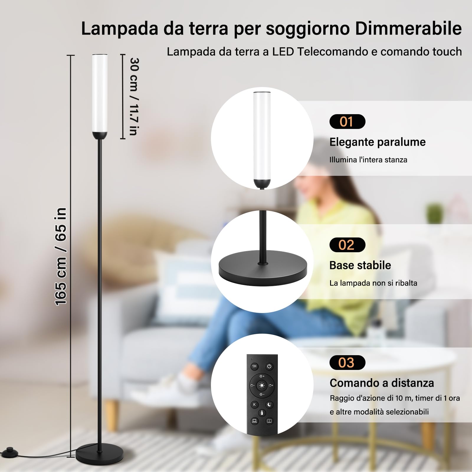 LED Stehlampe Wohnzimmer Dimmbar, Deckenfluter LED Dimmbar, Moderne Standleuchte Wohnzimmer mit Fernbedienung & 5 Farbtemperaturen Stufenlos, Schwarz