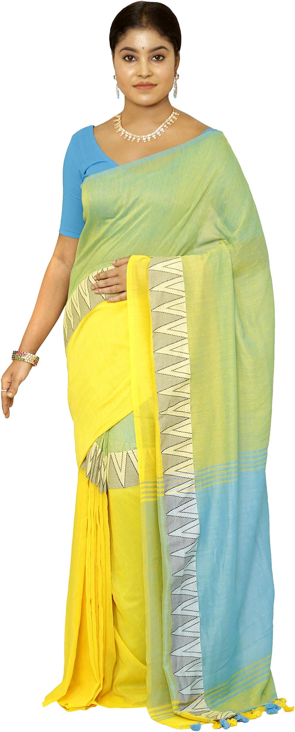 CHHANDA HANDLOOM SAREESWomen's Jamdani Cotton Saree with Blouse Piece (Yellow)