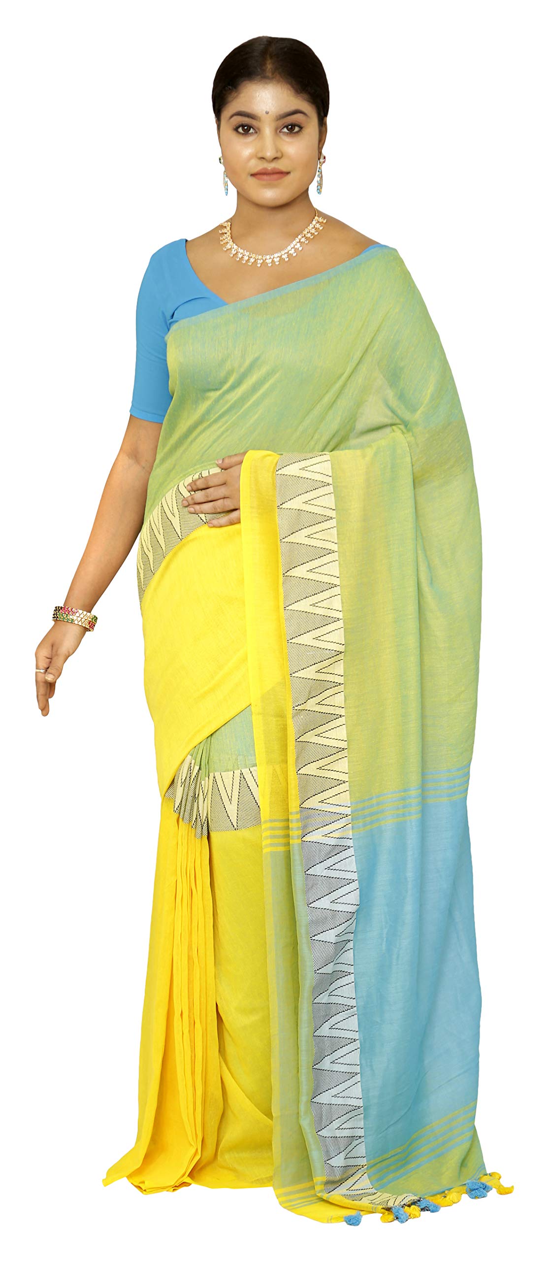 CHHANDA HANDLOOM SAREESWomen's Jamdani Cotton Saree with Blouse Piece (Yellow)