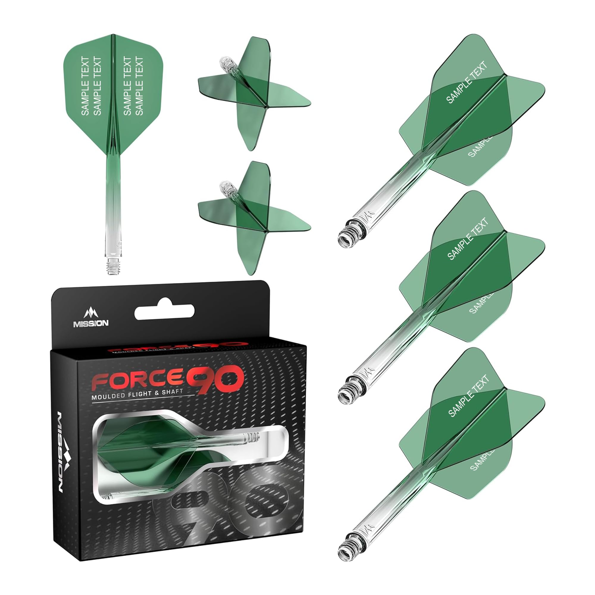 Mission Darts Force 90 | Personalised Integrated Precision Moulded Dart Flight And Shaft System, Highly Durable Combined Dart Flights And Stems | Standard No.6. (Transparent Green, Short) — image 1