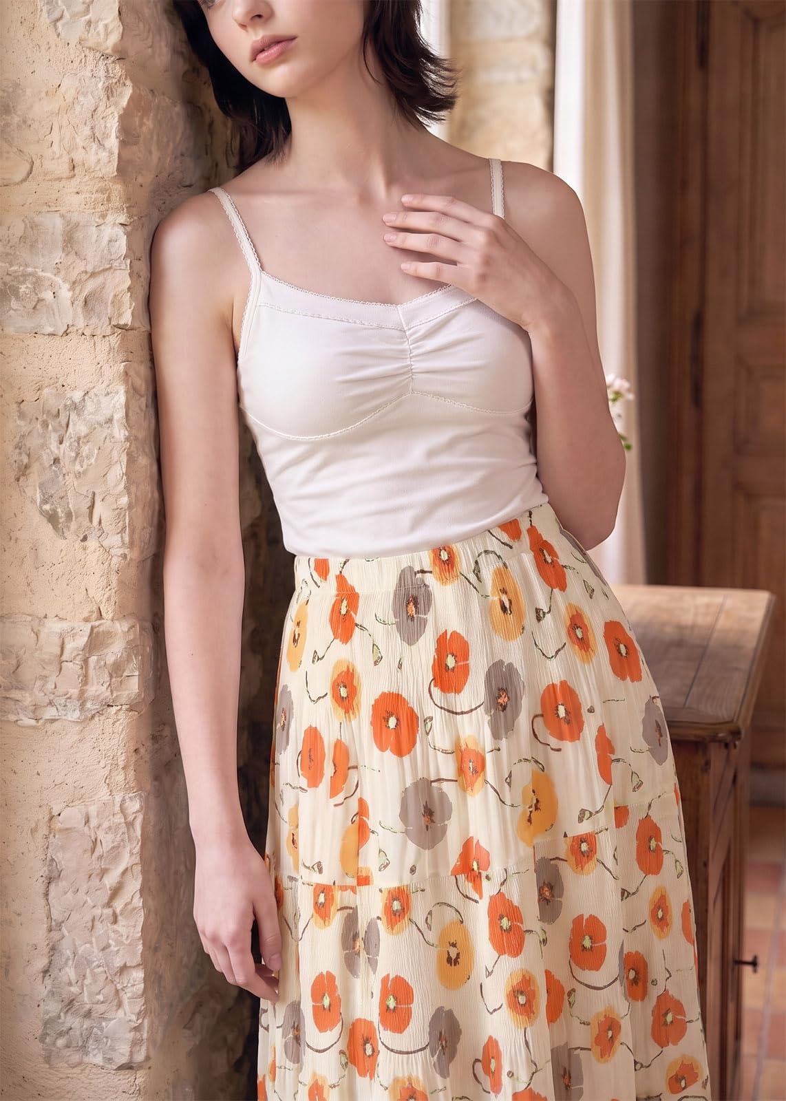 comefohome Jupe longue plissée en mousseline de soie avec taille élastique et volants pour femme