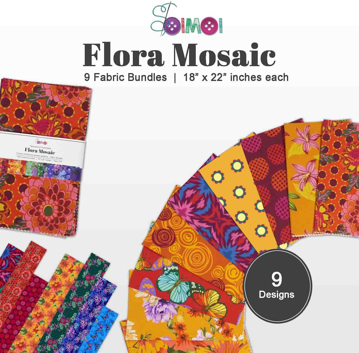 Soimoi 9Pcs 100% Cotton Quilting Fabric Bundles, 18" x 22" DIY Fabric Supplies for Patchwork, Printed Fat Quarter for DIY, Sewing Project, Patchwork, DIY Crafts - Flora Mosaic