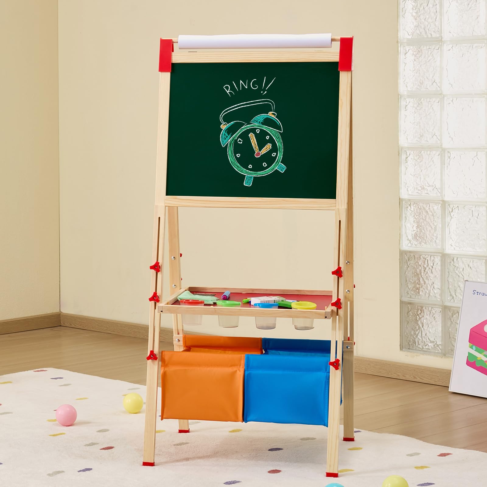 VEVOR Cavalletto da Arte per Bambini 3 in 1, Cavalletto da Arte in Legno a Doppia Faccia con Lavagna Magnetica e Rotolo di Carta, Tavolo da Disegno Regolabile con Accessori per Pittura per Ragazzi
