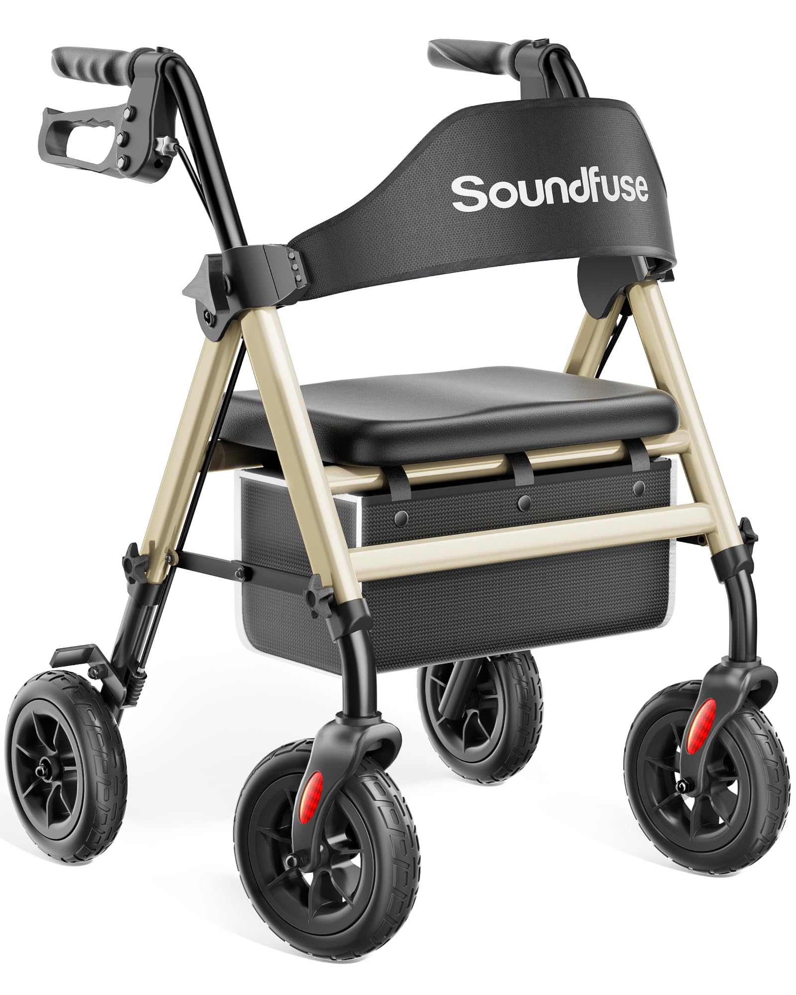 Soundfuse Rollator Walkers for Seniors with Seat, Foldable Lightweight Rolling Walker with 8" Big Rubber Wheels, Ergonomic Seat, Dual Height Adjustment