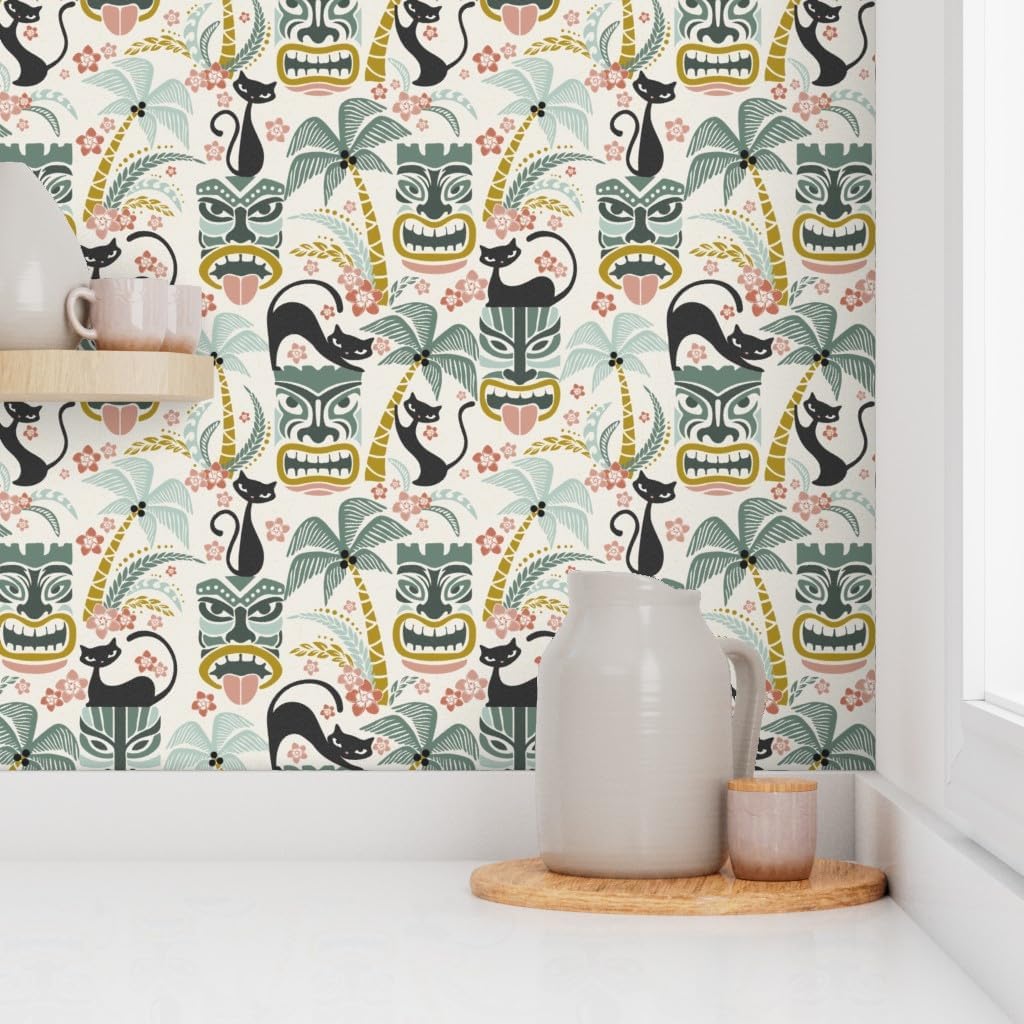 Peel & Stick Wallpaper Swatch - Mid Century Cats Tiki Bar Tropical Island Retro Inspired Atomic Era 1950S 1960S Look Custom Removable Wallpaper by Spoonflower