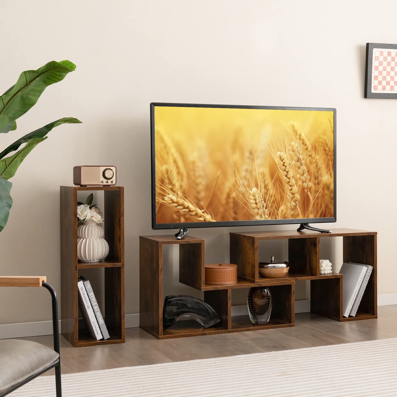 KOMFOTTEU Mobile TV Soggiorno in Legno, Mobile Porta TV Liberamente Combinabile, per TV fino a 65”, Mobiletto TV Multifunzione con 6 Vani Aperti, 134 x 30 x 43 cm (Marrone)
