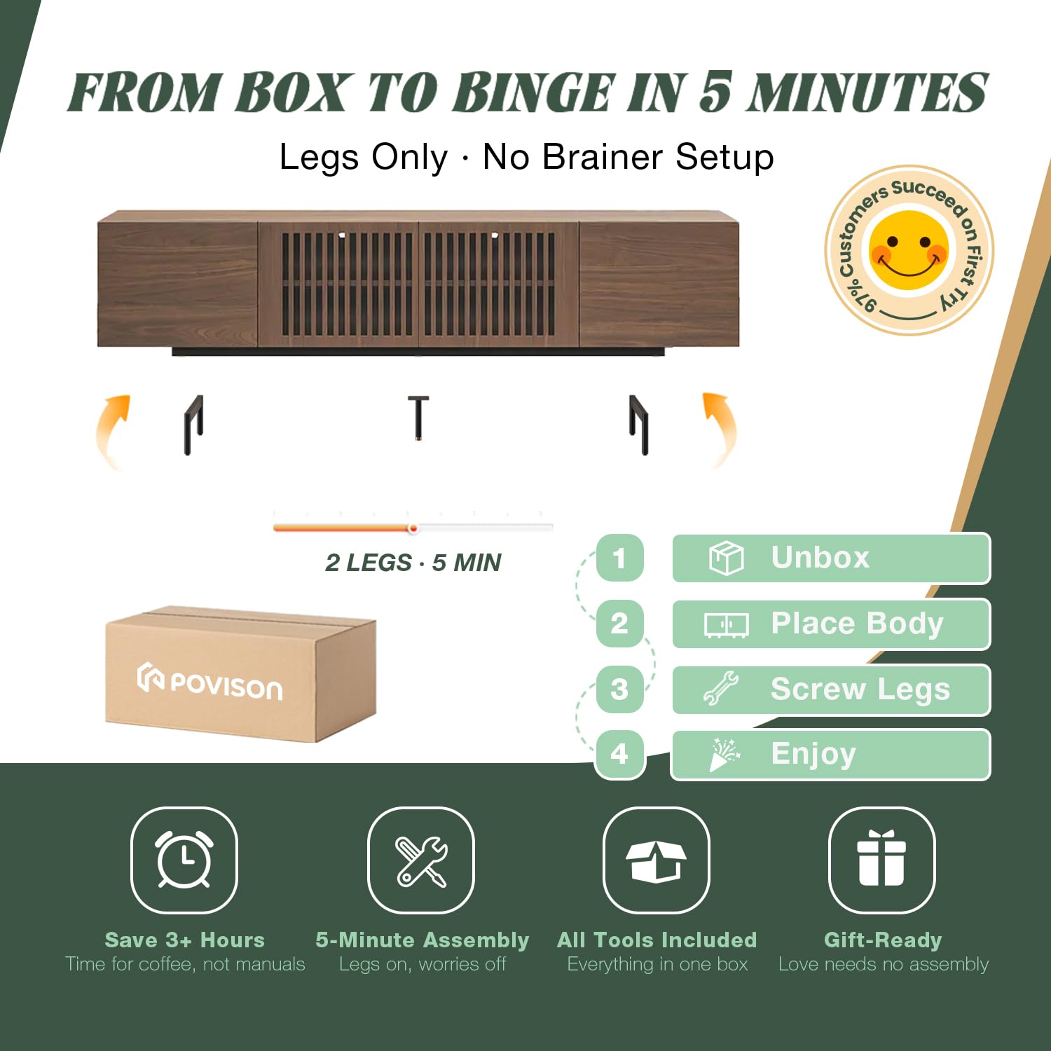 POVISON Full Assembled Mid-Century Modern TV Stand with Slatted Doors, Wood Media Console for 75 Inch TV, TV Console with Tall-cast Metal Legs, Entertainment Center with Storage for Living Room