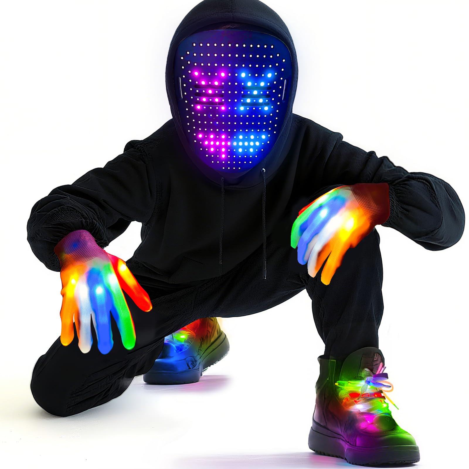 Camlinbo LED Mask Glow Set with Gesture Sensing Cool Glowing Toys Gifts for Teens Light Up Mask Gloves