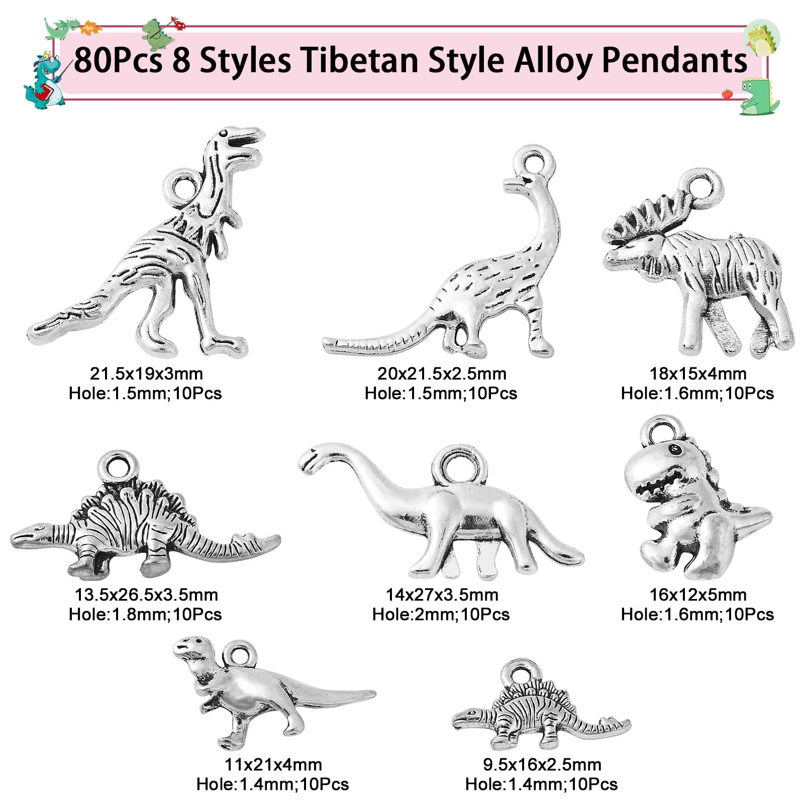 UR URLIFEHALL 80 Pcs 8 Styles Antique Silver Dinosaur Charm Vintage Animal Charms for DIY Craft Necklace Bracelet Keychain Jewellery Making - Image 2