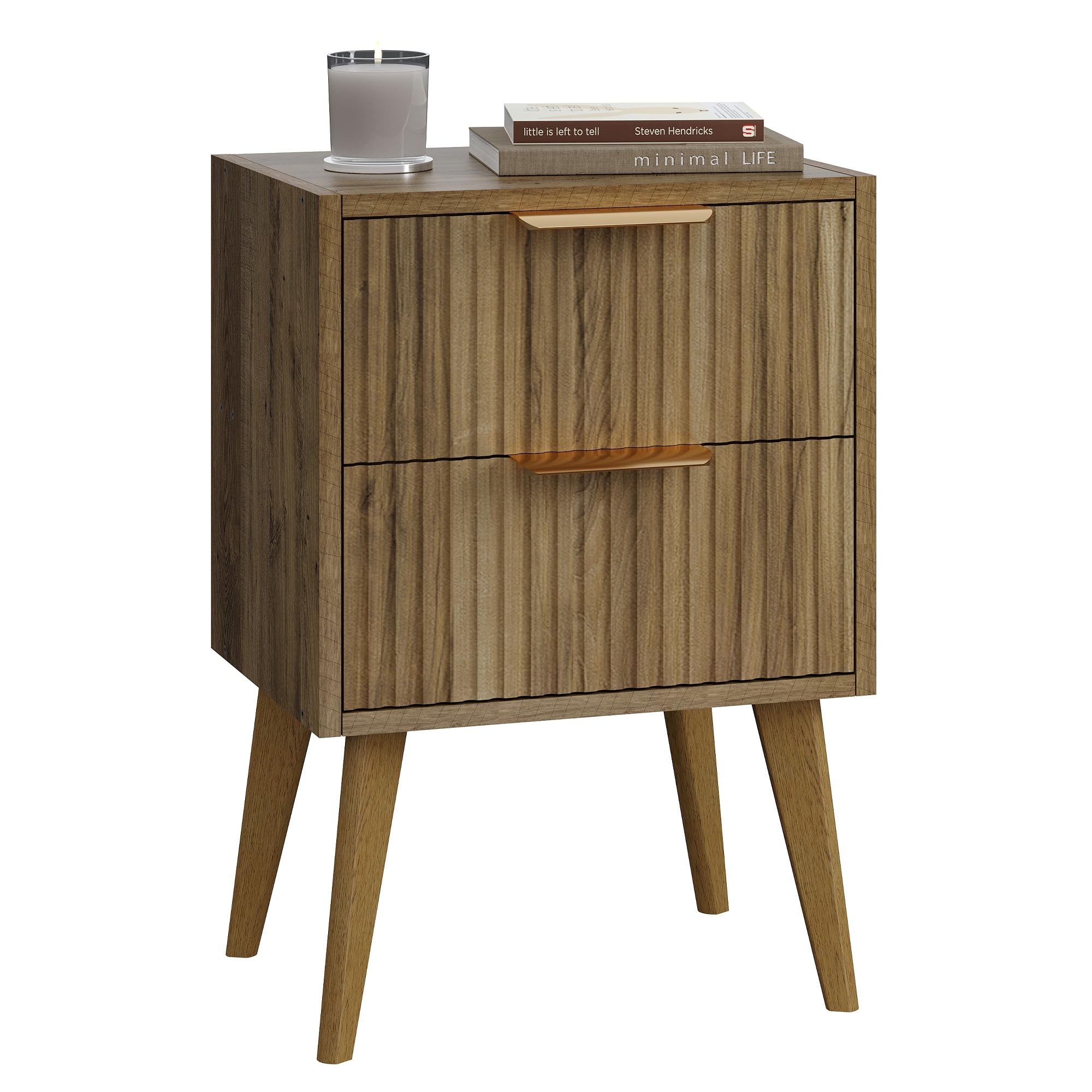 YAUKOMEL Fluted Nightstand with 2 Drawers,Modern Bedside Table with Metal Handles,White Side Table with Solid Wood Legs,Mid Century End Table for Living Room,Bedroom,Caramel Oak CTG55BR