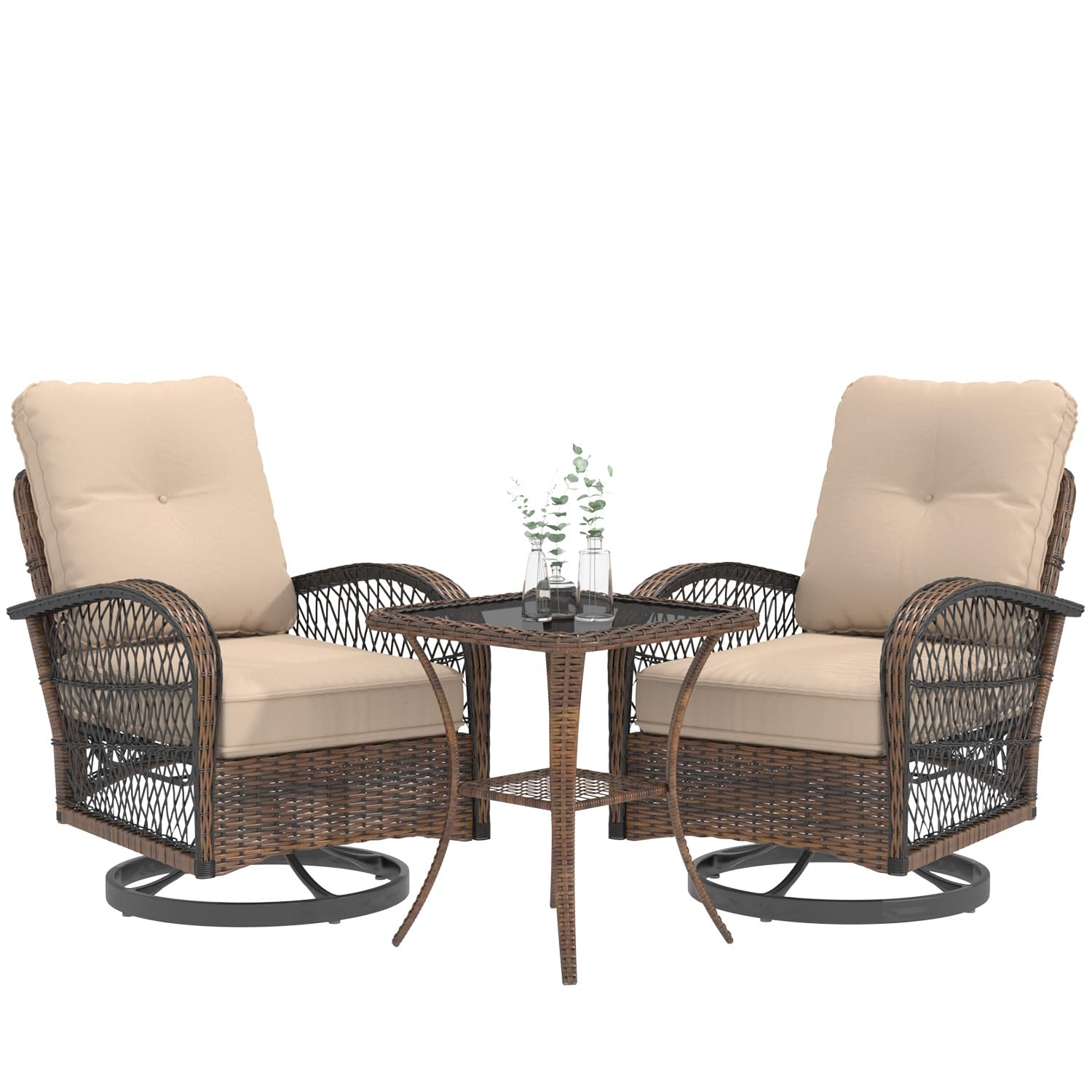 EROMMY 3 Pieces Patio Furniture Set, Outdoor Swivel Rocker Patio Chairs, Wicker Patio Bistro Set with Rocking Chair, Thickened Cushions and Glass