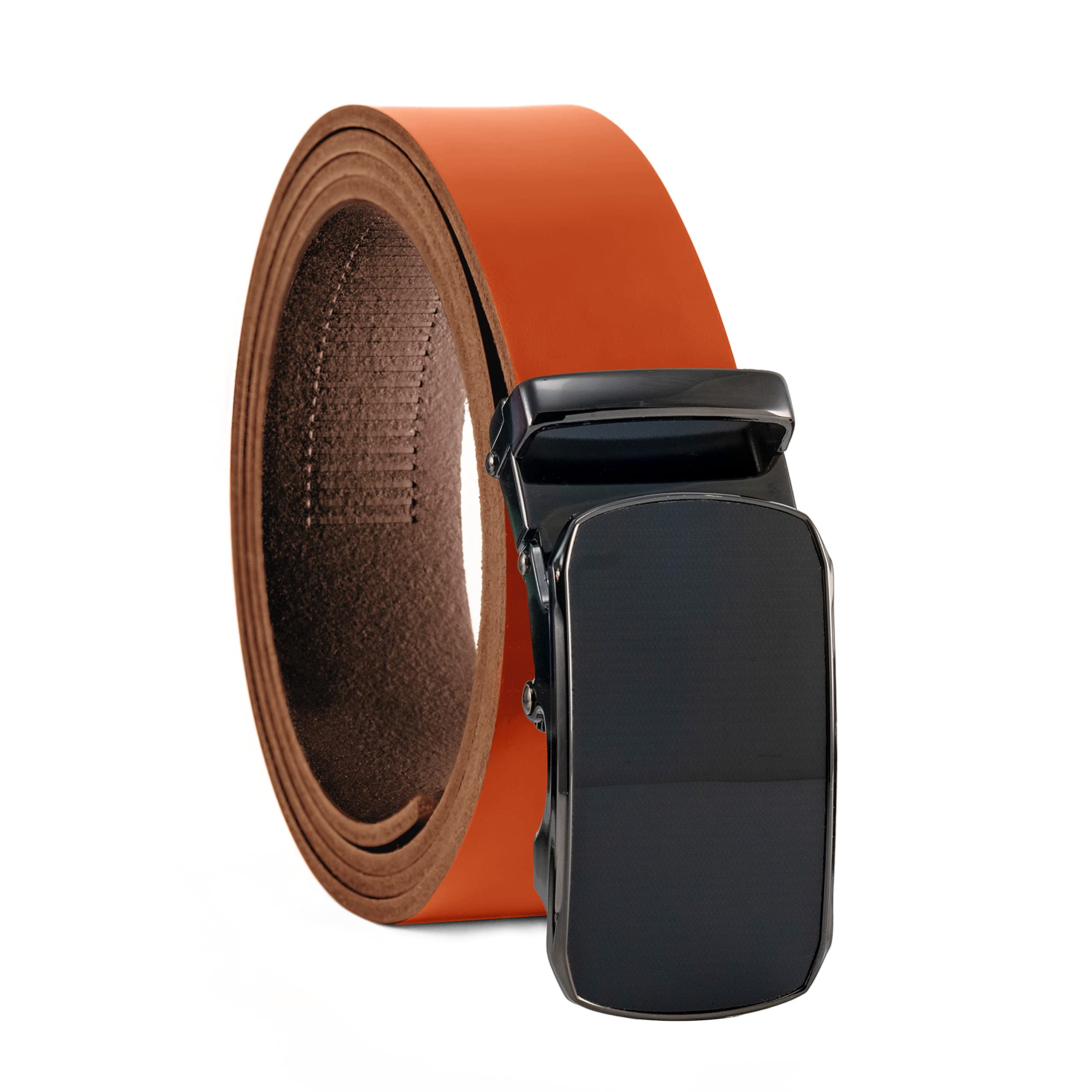 Fa.Volmer ® Men's Genuine Leather Belt with Ratchet Automatic Buckle | Width: 35 mm, Waist Size: 125 cm | Can be Shortened | Strap Colour Cognac | Model Series ATG, 10-Cog-Parma, 125 cm