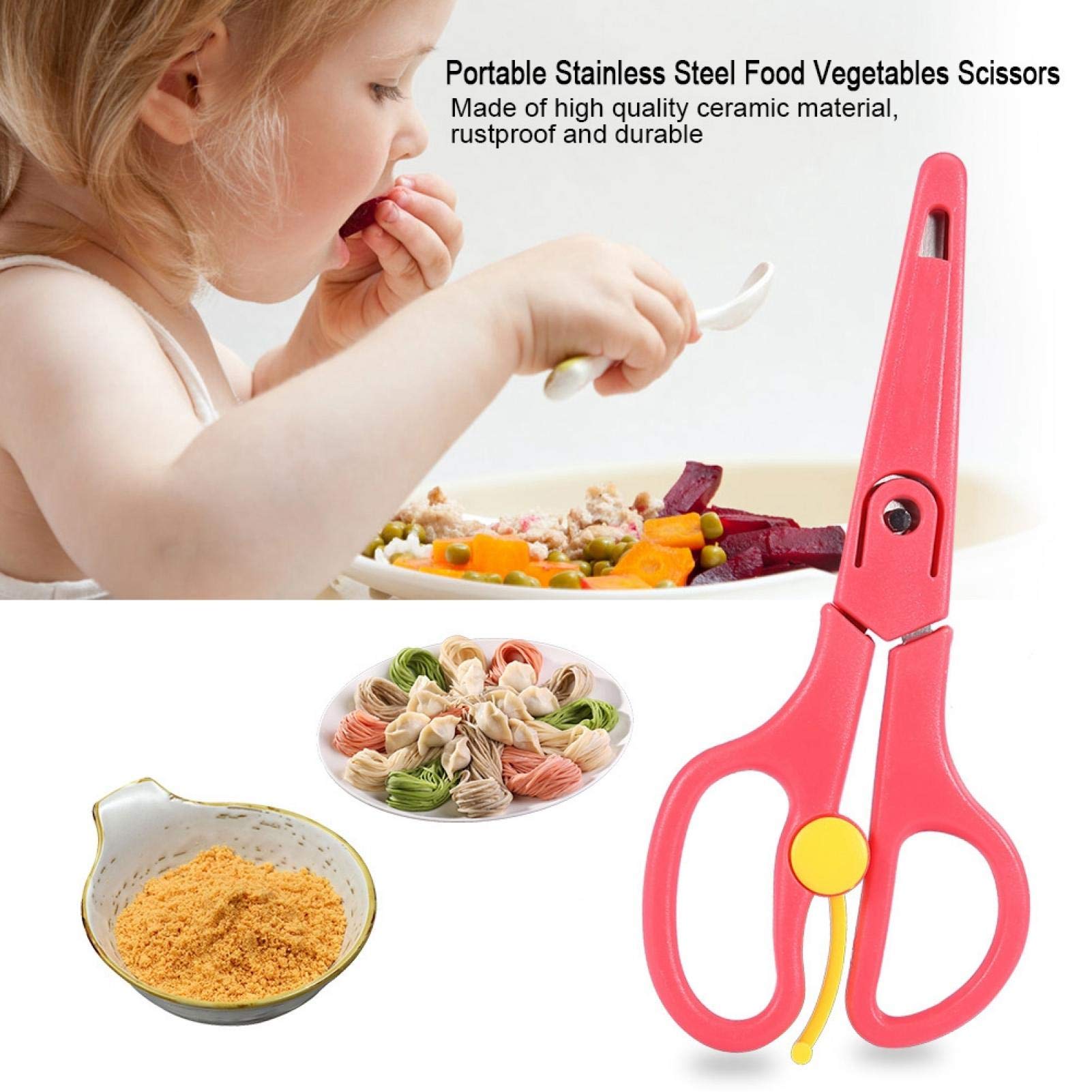 Kids Food Scissors,Baby Food Scissors,Portable Stainless Steel Scissor Children Safety Food Cutter with Cover for Baby Infant Complementary Food(Red)