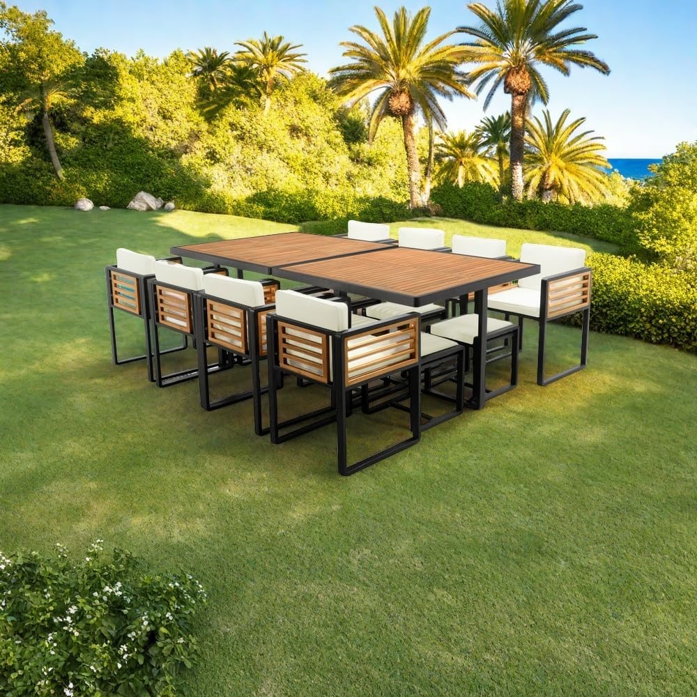 SOFTSEA 18-Pieces Outdoor Dining Set with 2 Square Table, 8 Cushioned Chairs and 8 Ottomans, Acacia Wood Patio Table and Chairs Set for Backyard Garden, Beige