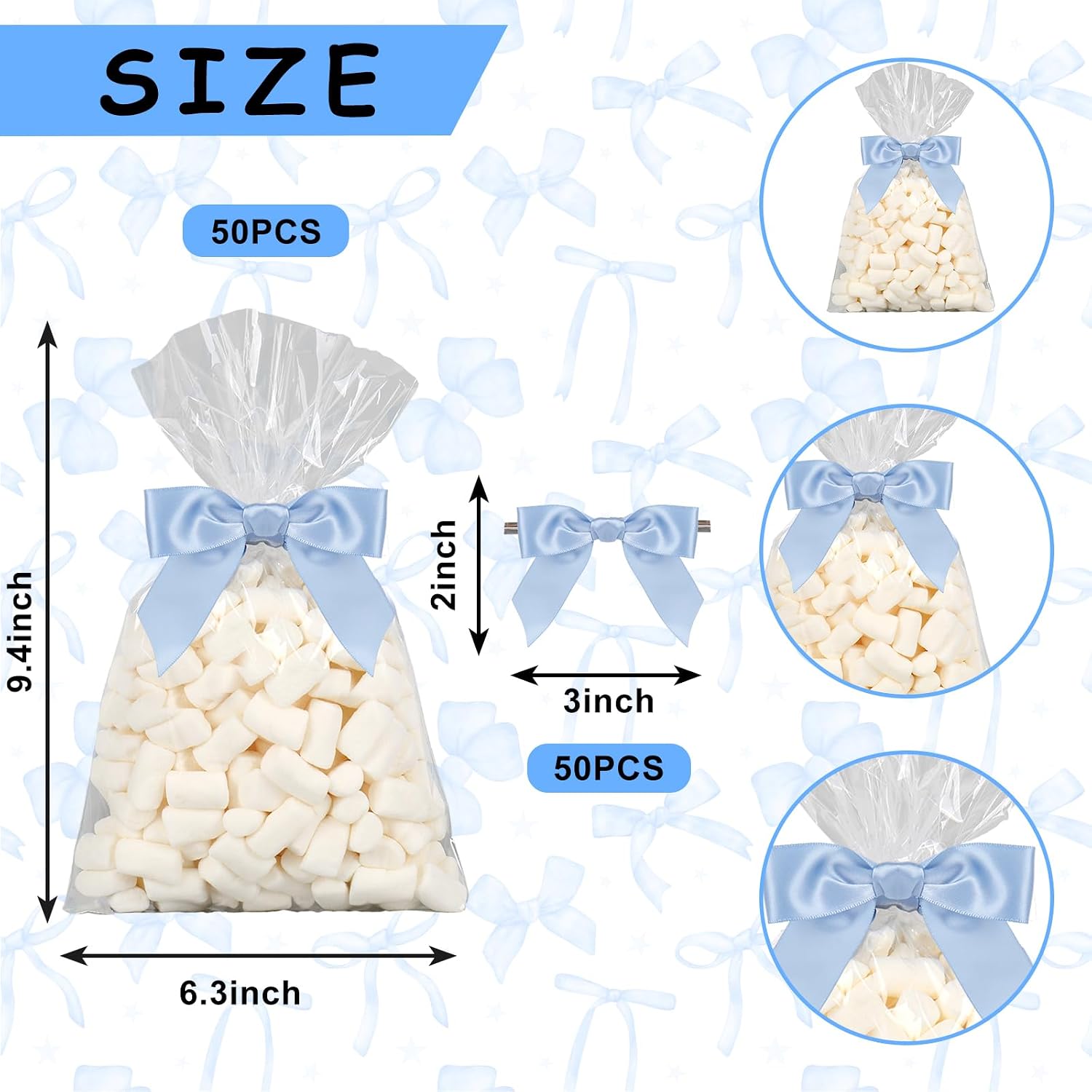 JarThenaAMCS 50Pcs Clear Cellophane Bag with Blue Bow Twist Tie Candy Treat Bags Plastic Goodie Bag for Home Party Sweet Snack Cookie Packing