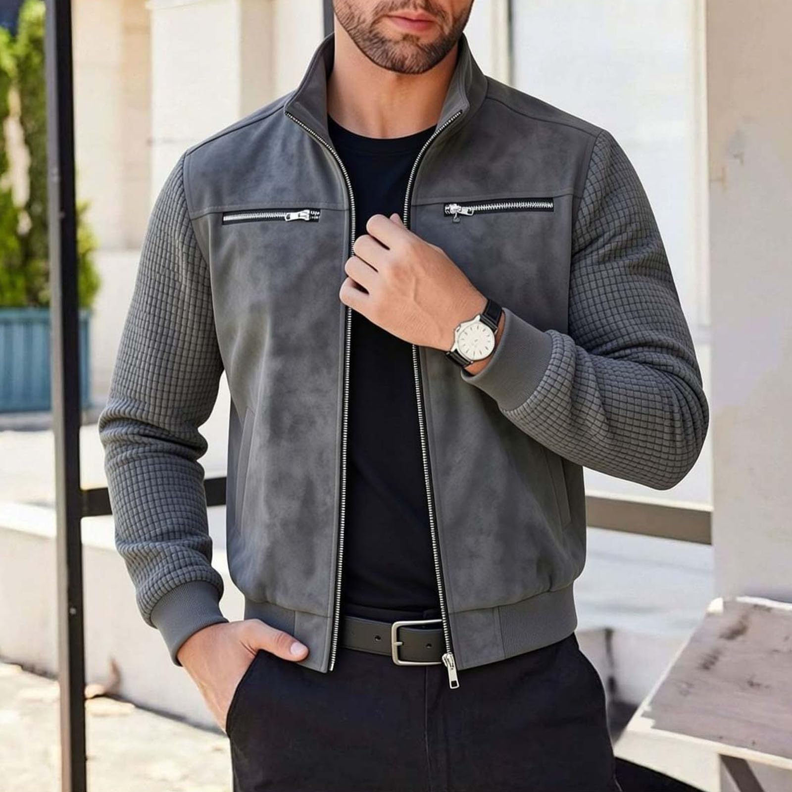 Generisch Übergangsjacke Herren Arbeitsjacke Winterjacke mit Reißverschlusstaschen Blousonjacke mit Brusttaschen Herbstjacke Windjacke Freizeitjack Sportjacke Slim Fit Herrenjacke
