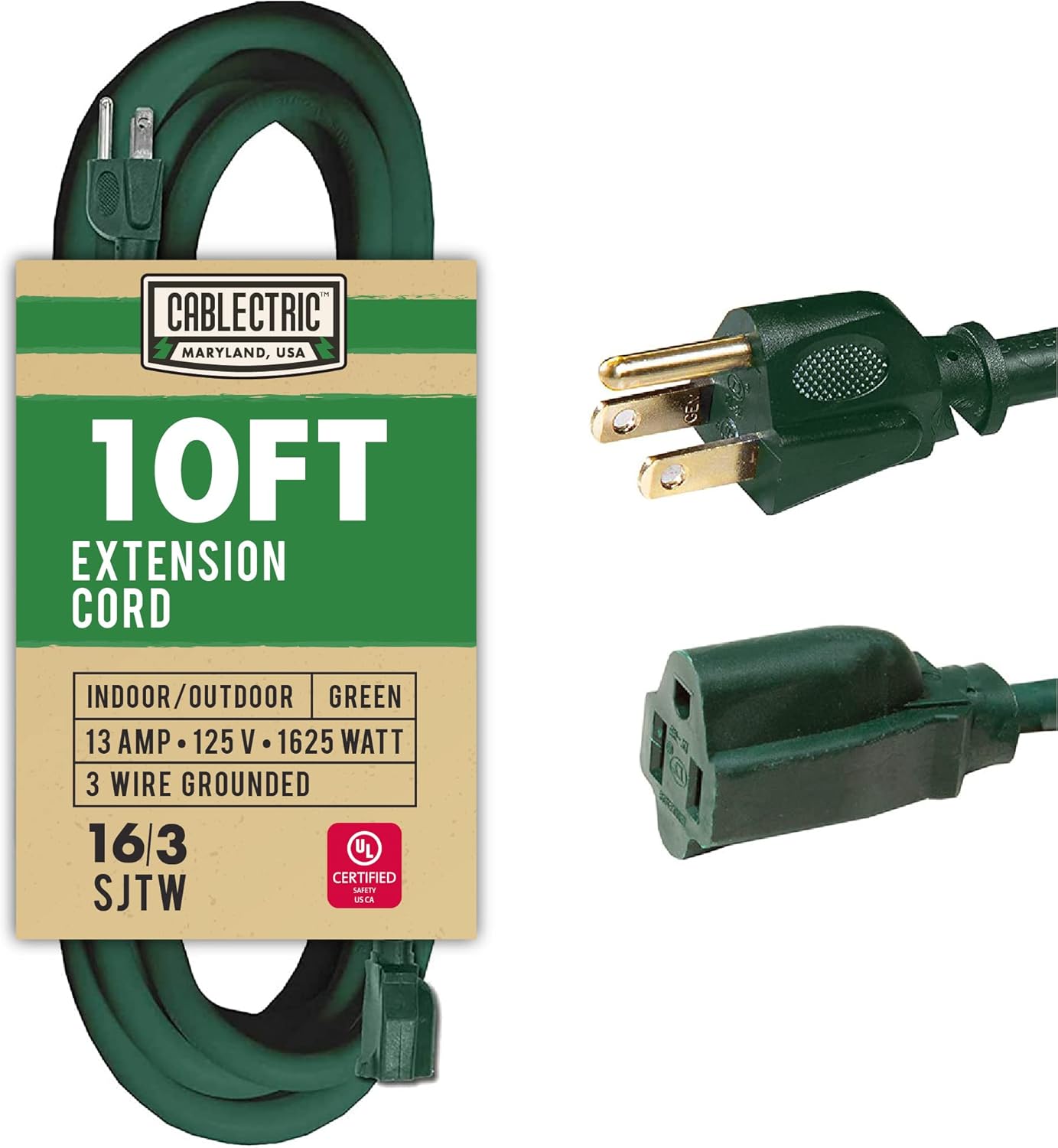 100 Foot Outdoor Extension Cord - 16/3 SJTW Green 16 Gauge Electrical Cable with 3 Prong Grounded Plug