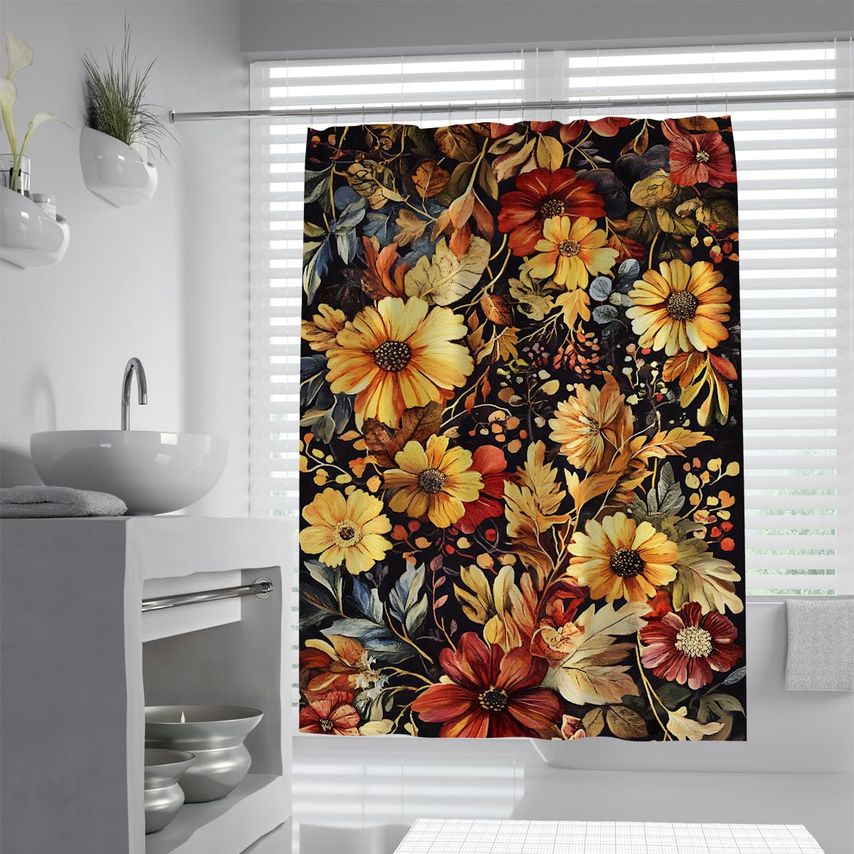 OLLIAR Home Boho Floral Shower Curtain Set 240x180 Colorful Vintage Daisy Floral Shower Curtain Waterproof Fabric Bath Curtain with Hooks for Bathroom Decor