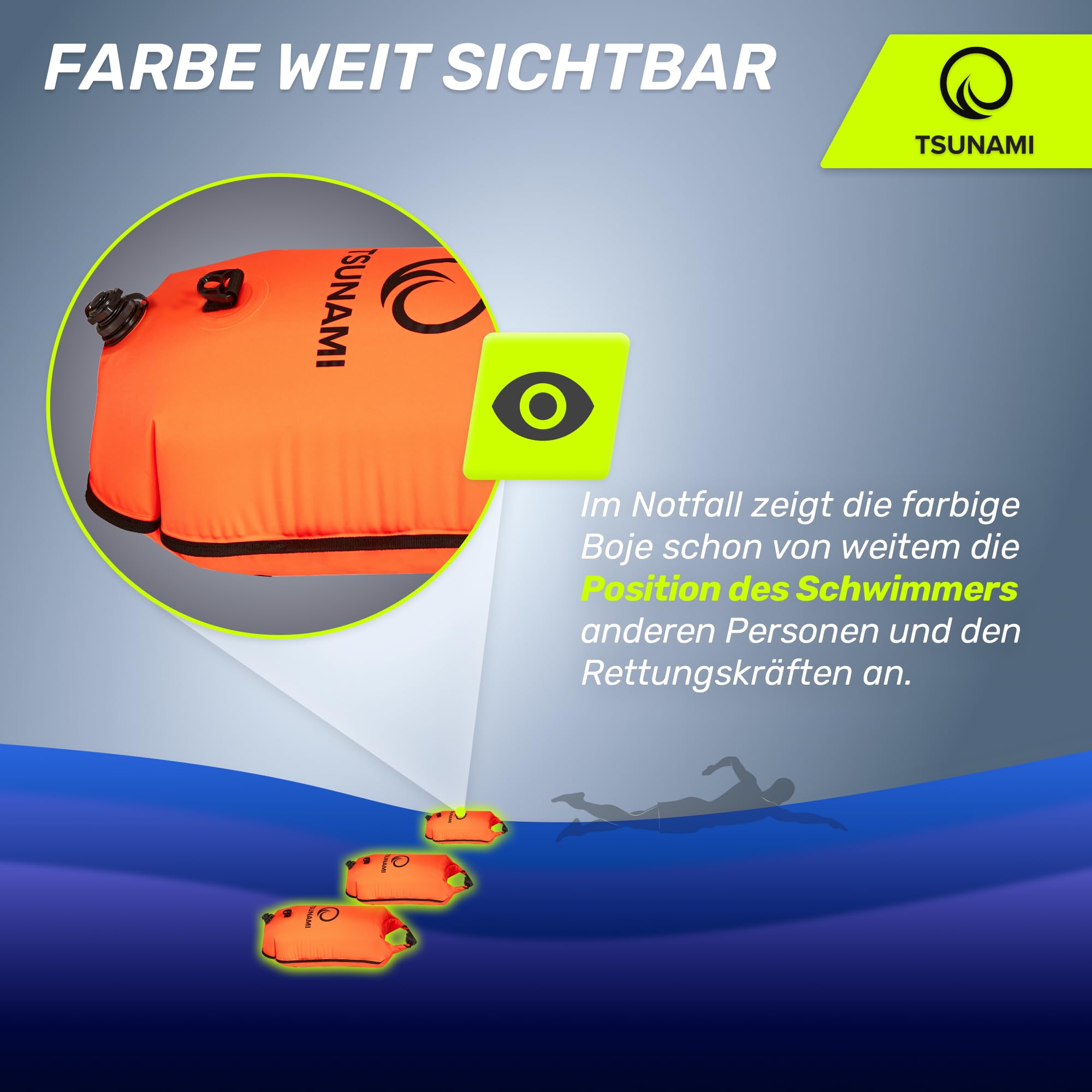 TSUNAMI Schwimmboje PRO mit 2-in-1-Trockentasche, Aufblasbare Schwimmhilfe für Schwimmen, Schnorcheln, SUP, Freiwasserschwimmen und Wildschwimmen, Sicherheitsboje, sichtbare Boje
