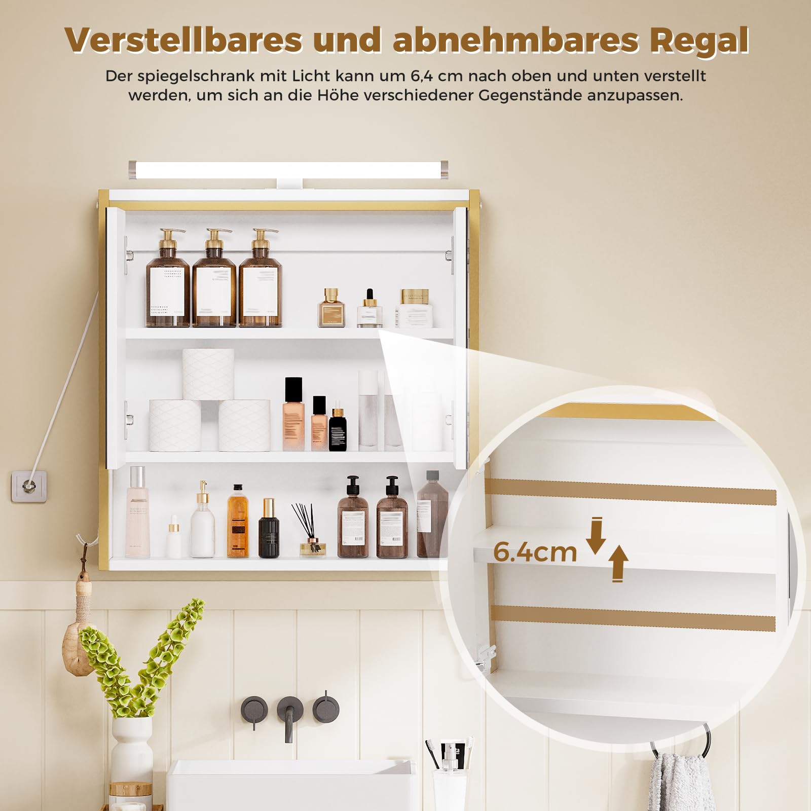 ELUCHANG Ensemble Meuble Salle de Bain 2 pièces,Armoire Murale Salle de Bain avec LED, Meuble sous lavabo avec 2 Tiroirs,étagères réglables, Style Industriel,Blanc+Doré