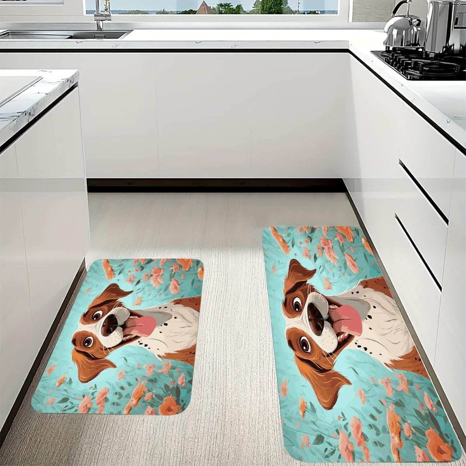 Funny Dog Kitchen Mats with 2PCS Non-Slip Washable,Kitchen Rug Heavy Duty Durable, Floor Mats for Kitchen,Office,Sink,Laundry