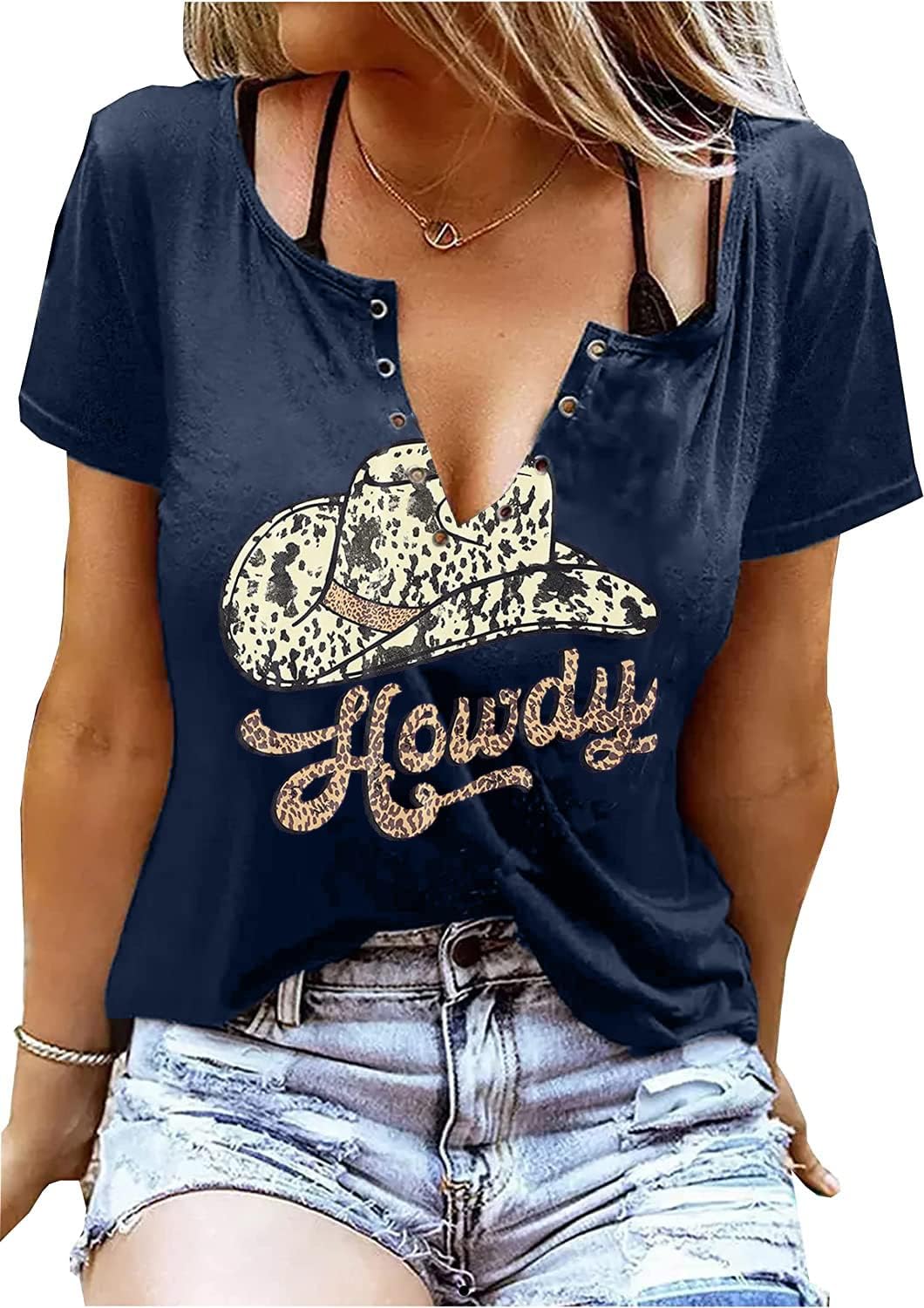 V-Neck Howdy Tshirt Women Western Country Cowboy Shirts Vintage Rodeo Cowgirl Tee Tops Leopard Honey Hat T-Shirt