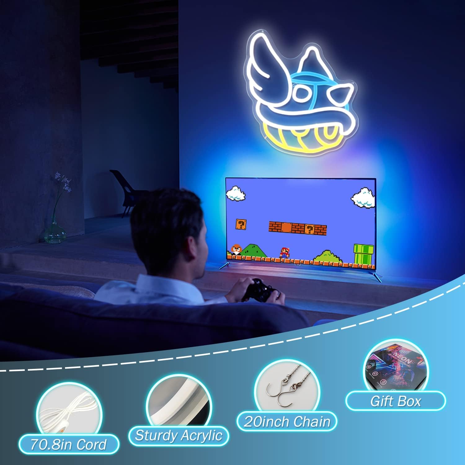 Blue Shell Neon Sign Gaming Neon Sign from Game Room Decor Dimmable Blue Shell Neon Game Decor Lights up Sign for Kids Man Cave Wall Gamer Gifts for Boys Kids - Image 3
