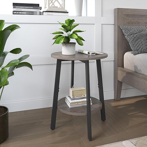 Miniatura 2 de Juego de 2 mesas auxiliares, mesa auxiliar redonda pequeña con estante de almacenamiento para espacios pequeños, mesita de noche de 2 niveles, mesa