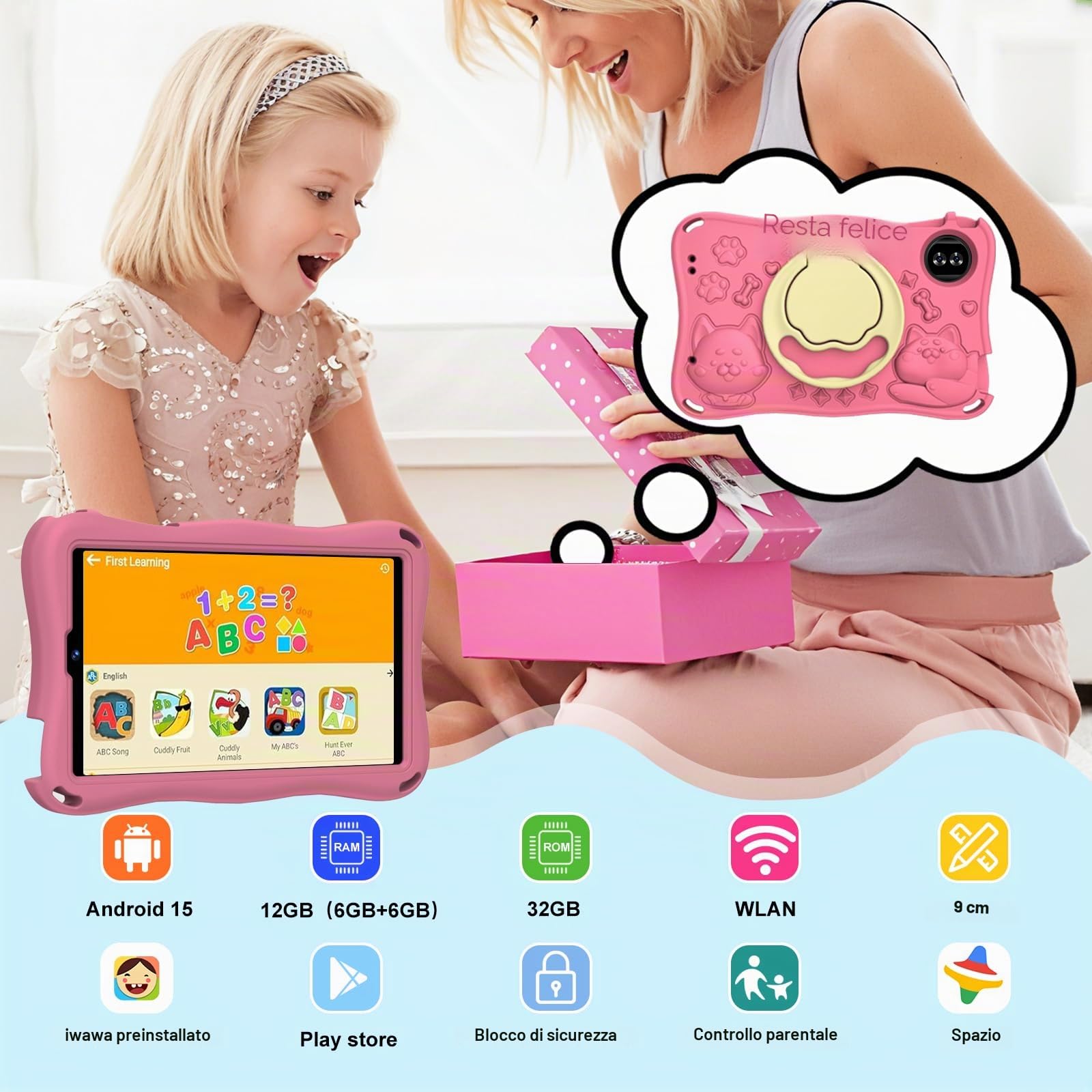 Tablet 9 Pollici Android 15 con Gemini AI, 32GB ROM + Espandibile 2TB, Octa-Core, Widevine L1, WiFi 5G,1340 x 800, BT5.0, Fotocamere 8MP/5MP, 5000mAh, Tablet con controllo parentale – Rosa