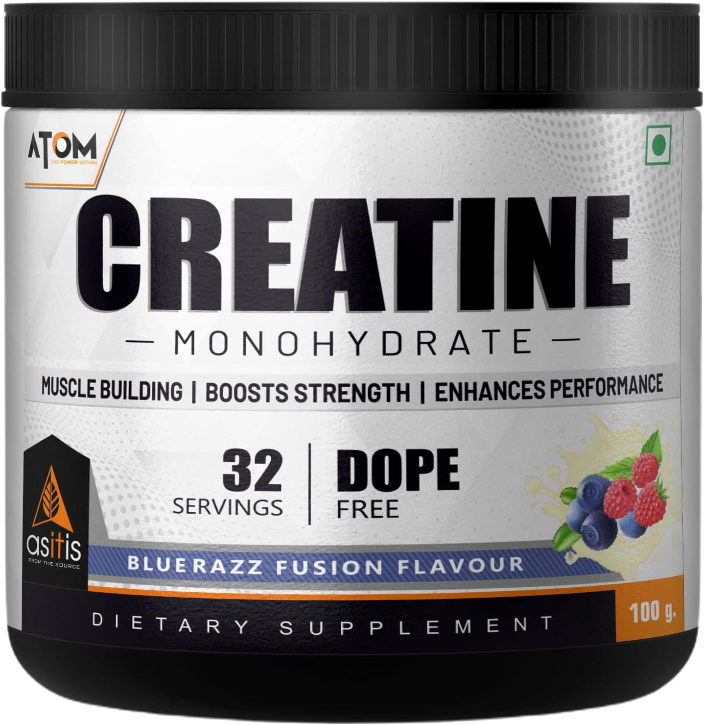 AS-IT-IS ATOM Creatine Monohydrate 100g - 32 Servings | Dope Free | Enhances Performance | Promotes Muscle Gains | Blue razz Flavour