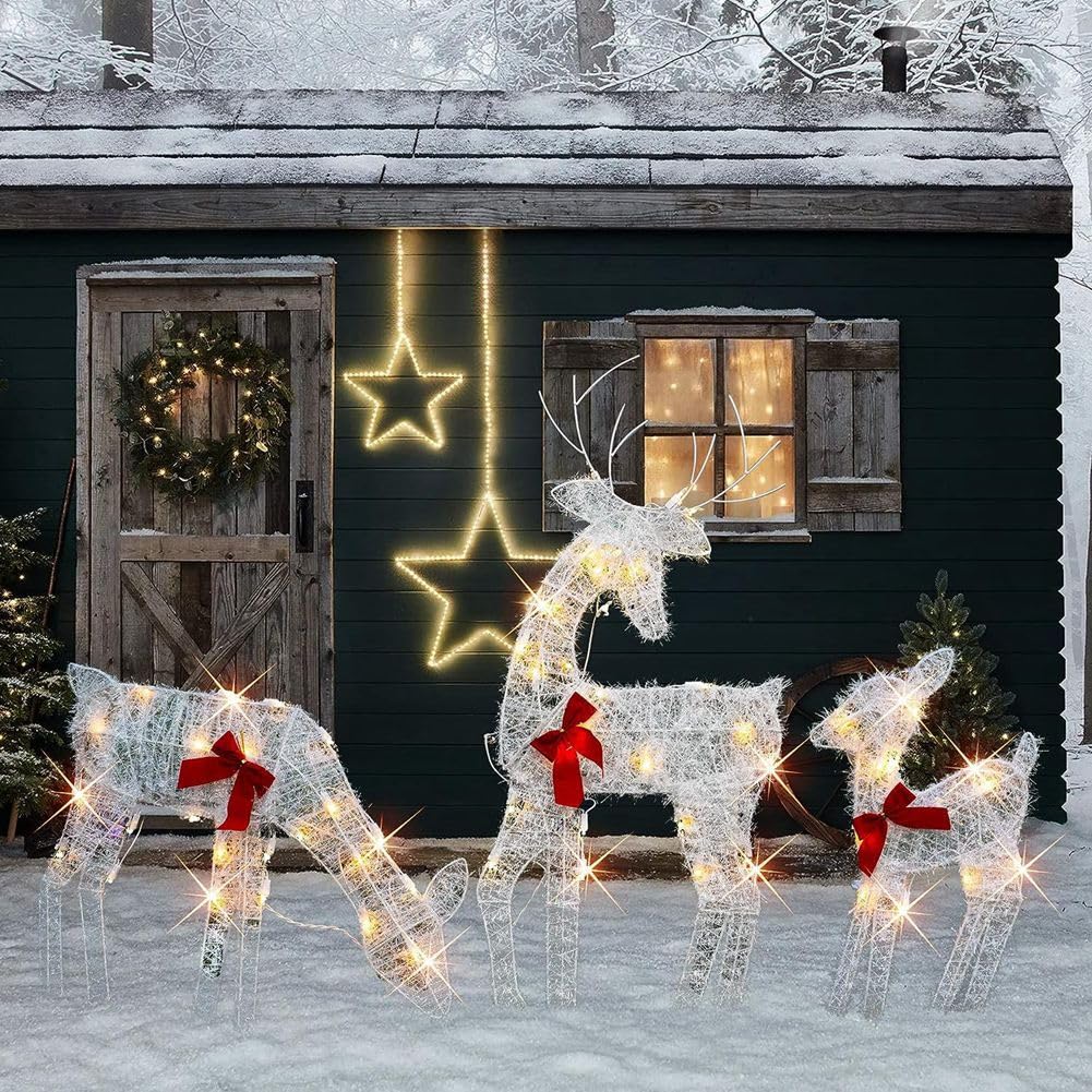 3 Pièces de Rennes de Noël Éclairés en 2D, Décorations Extérieures en Métal Blanc Pré-Éclairé Illuminent Le Traîneau de Noël Rudolph et Le Père Noël avec des Lumières