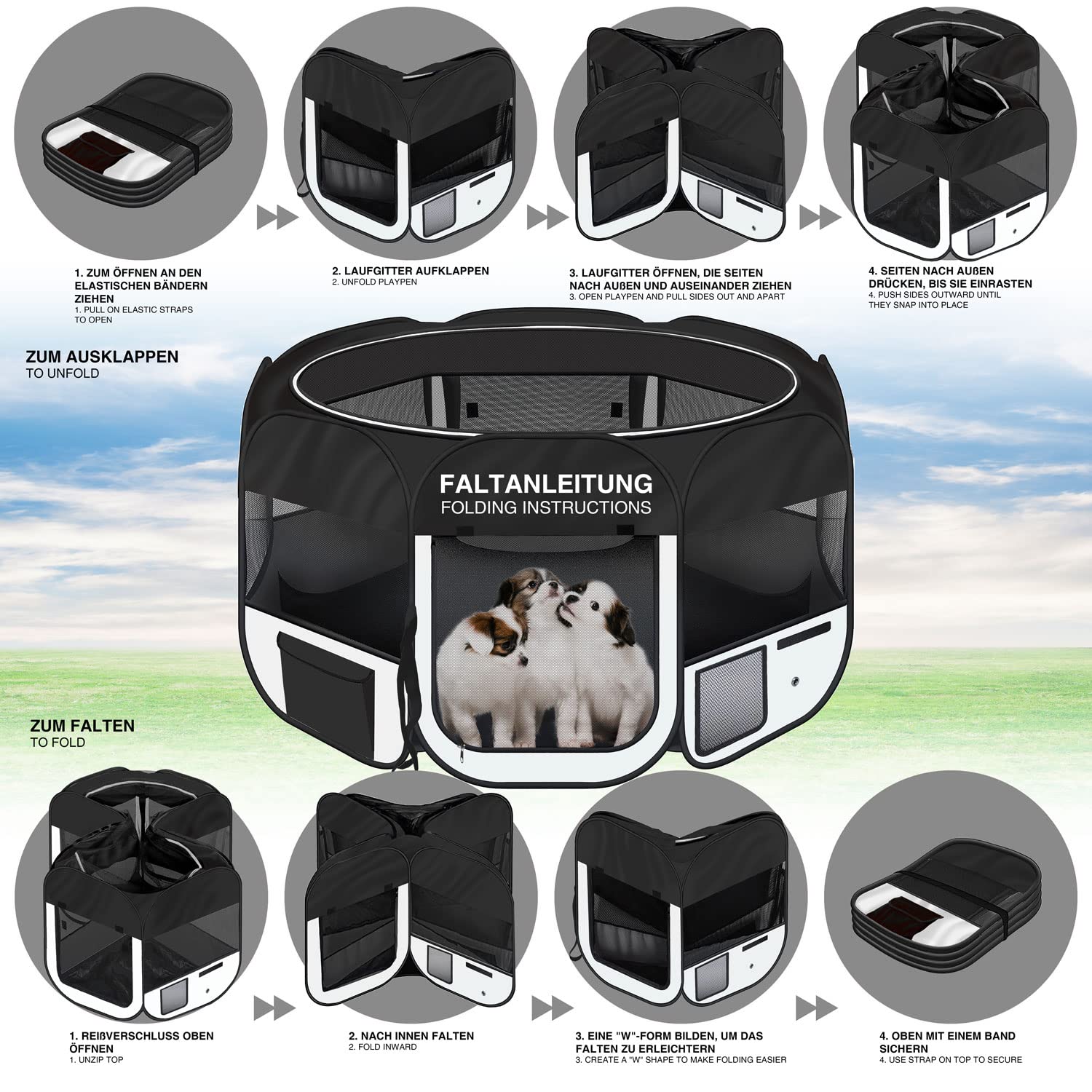 all Pets United® Welpen-Laufstall Tierlaufstall Welpenauslauf-Stall; XXL Freigehege für Hunde, Katzen, Hasen & Kleintiere im Innen- und Außenbereich (Schwarz-Beige)