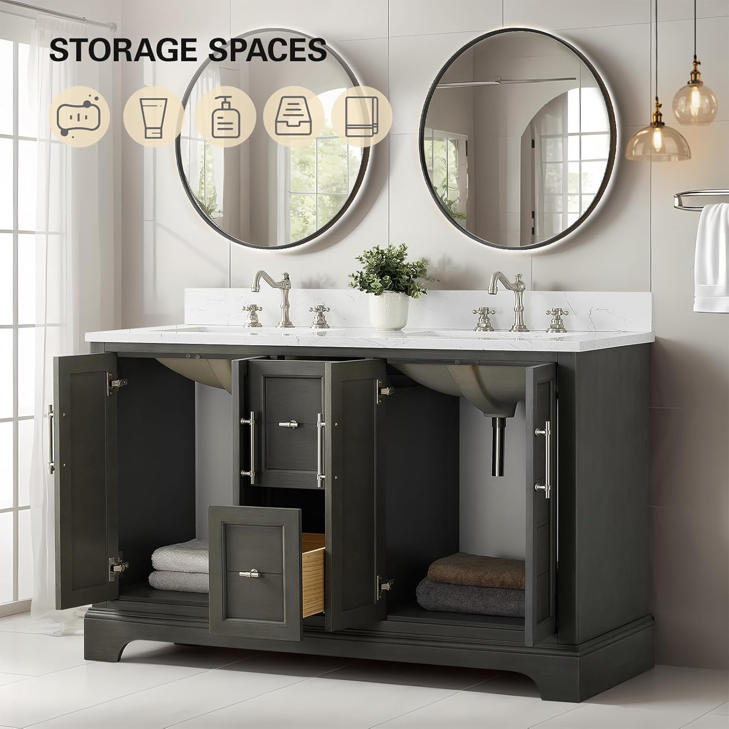 HOMEBEYOND 54 Inch Bathroom Vanity with Double Sink & Ceramic Top, Vanity Cabinet with Center Countertop Basin, Soft-Closing Doors, Backsplash,Sliver Grey