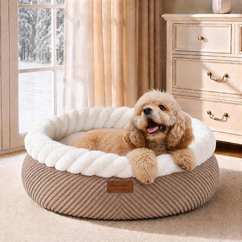 Cama Redonda Grande para Gatos FUKUMARU com Bordas Elevadas e Base Antiderrapante 63,5 x 63,5 x 20,32 cm
