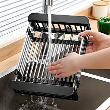 Adjustable Dish Drying Rack for Kitchen Sink Expandable Stainless Steel Drainer for Dishes, Fruits, and Vegetables Black,L