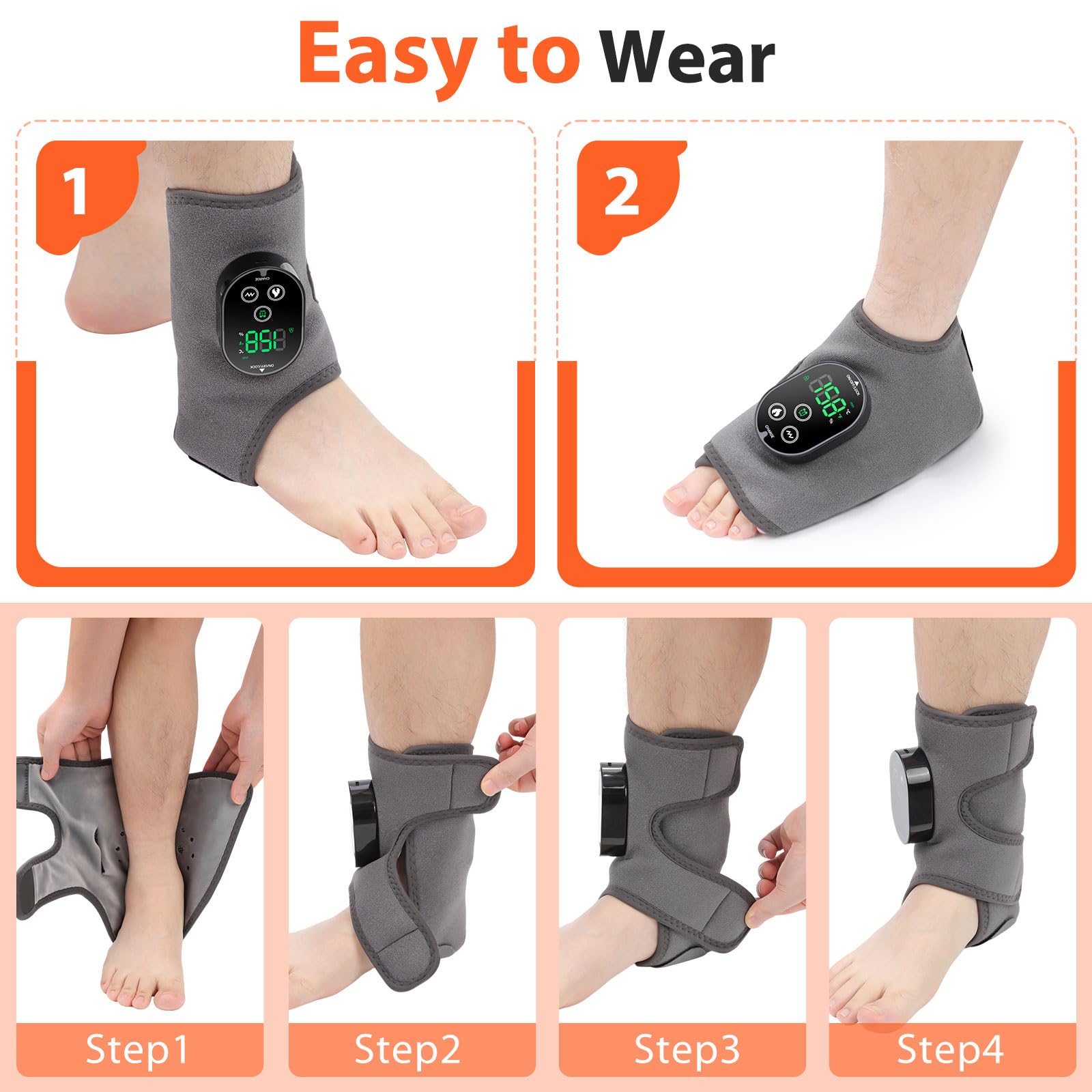 Manta Térmica y Masajeadora para Tobillo y Pie – Compresa Calor 2-en-1 Recargable, 6 Niveles Calor & 3 Modos Vibración, Ajustable, Gris