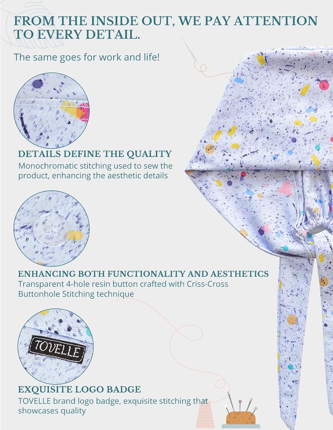 Colorful Double-Sided Printed Scrub Caps for Men and Women with Buttons, Adjustable Helps Reduce Static Buildup Medical Hats, Classic and Breathable Surgical Caps with Sweatband for Long Hours - Image 2