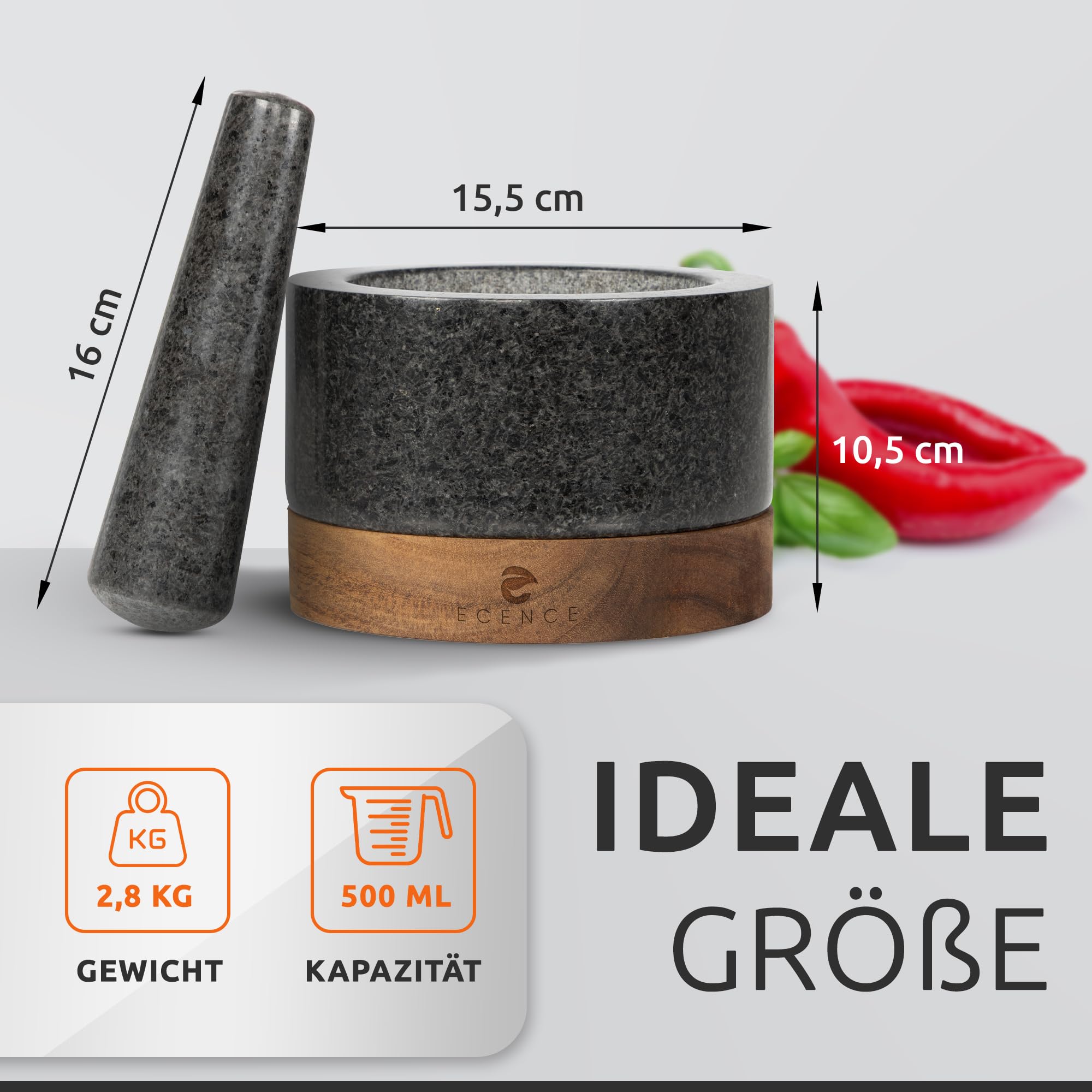 ECENCE Mörser mit Stößel aus Naturgranit und Akazienholz-Sockel Ø15,5cm | Hochwertiger massiver Steinmörser für Kräuter & Gewürze - Mortar and Pestle