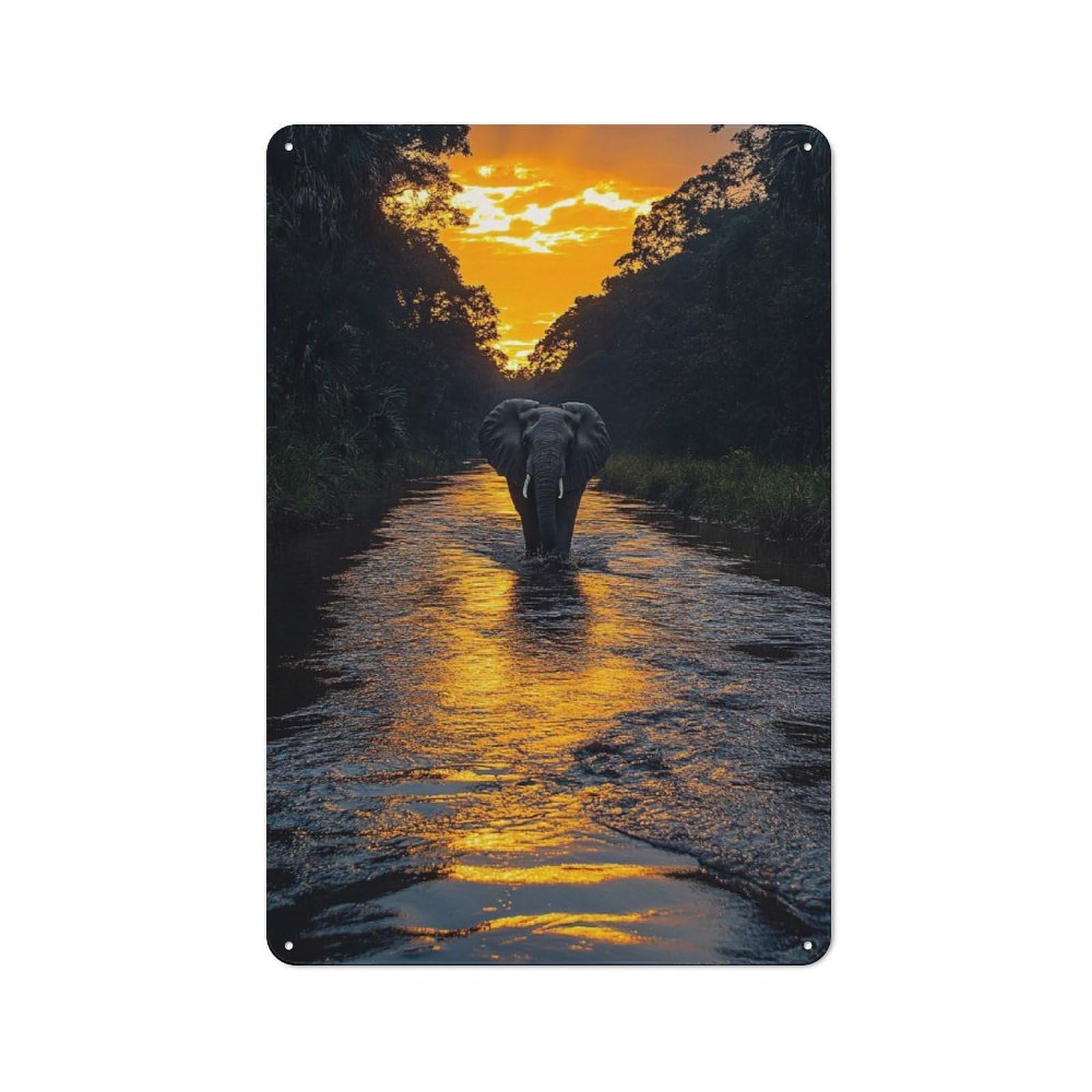 Junmoney Style-3 Elephant Crossing River At Sunset Retro Metal Wall Sign 30X20cm For Kitchen Or Home Bar, For Kitchen Decor Lovers Refreshing A Room In Autumn