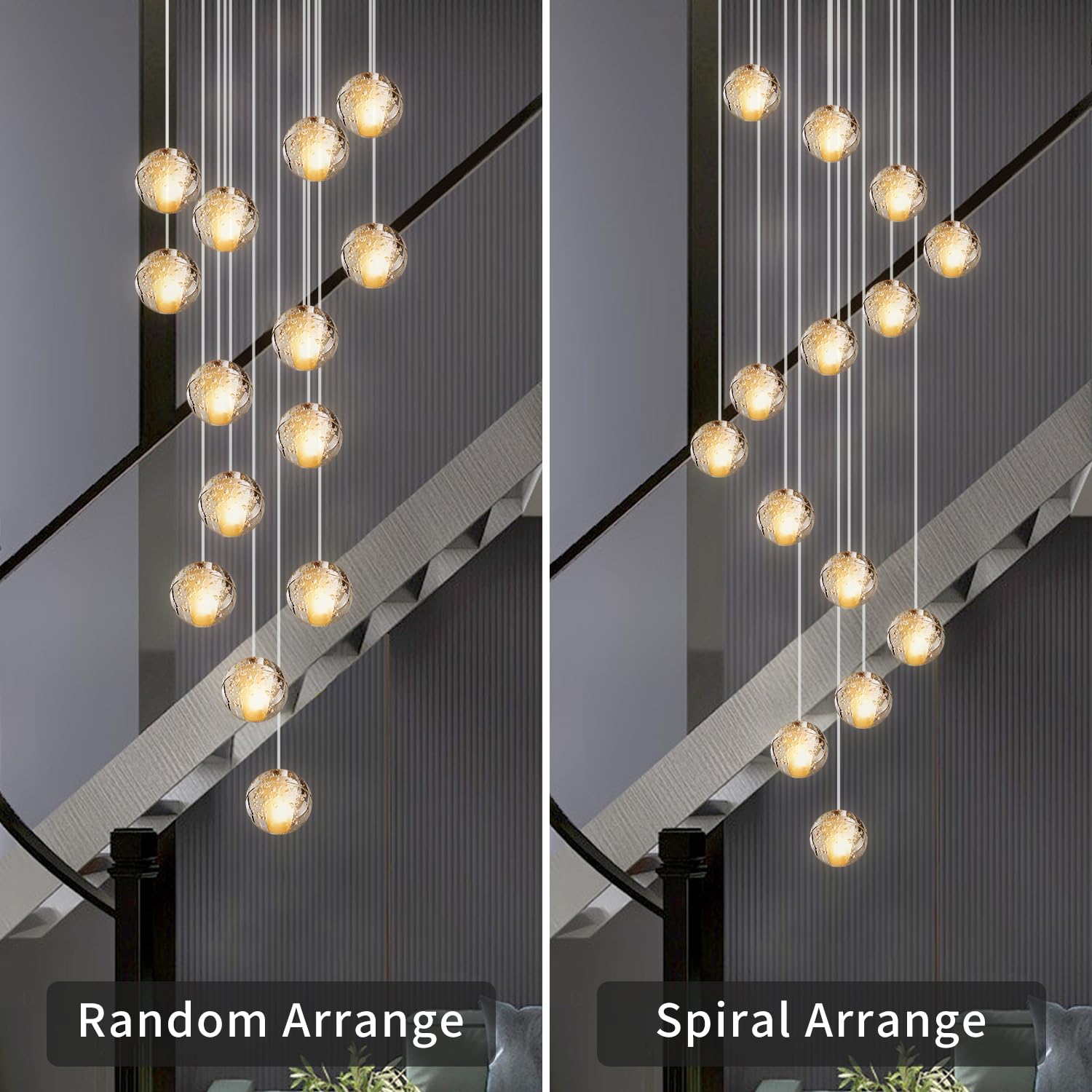 Pendelleuchte LED Moderne Glas Kristall Hängeleuchte Höheverstellbar Lüster Dekoratives Kronleuchter für Villa Treppe Wohzimmer Esszimmer Schlafzimmer Pendellampe (14 Bälle Rectangle)