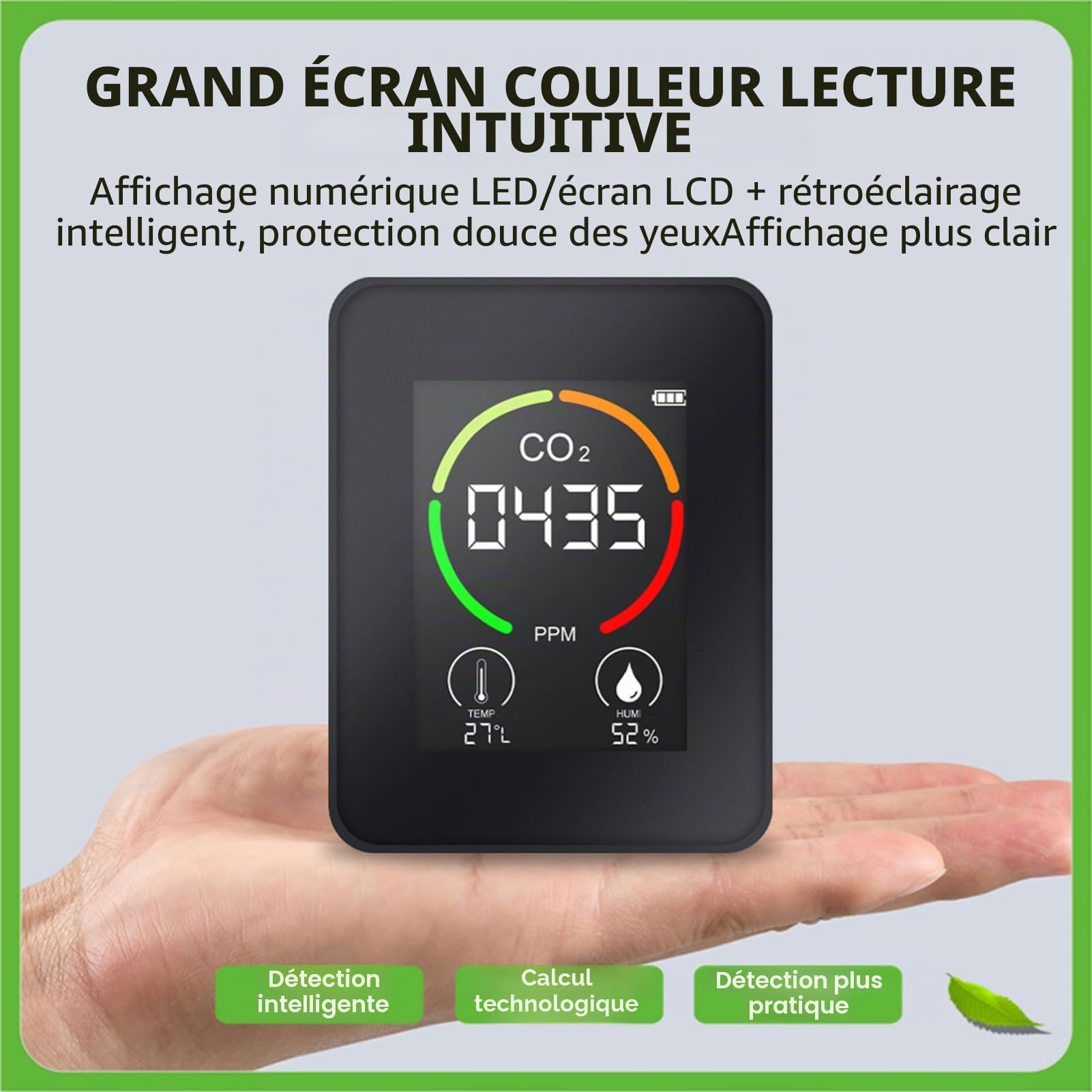 Moniteur de qualité de l'air – Détecteur de radon à grand écran LCD pour une utilisation en intérieur avec système intuitif à code couleur – Idéal pour les serres, la production agricole et les