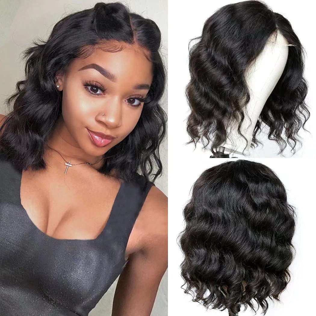 ten chopsticks Short Natural Wavy Lace Front Human Hair Wigs Pre Plucked HD Transparent Lace Natural Hairline 13X4 Lace Front Wigs With Baby Hair Bleached Knots Short Bob Loose Curly Wigs 10Inch