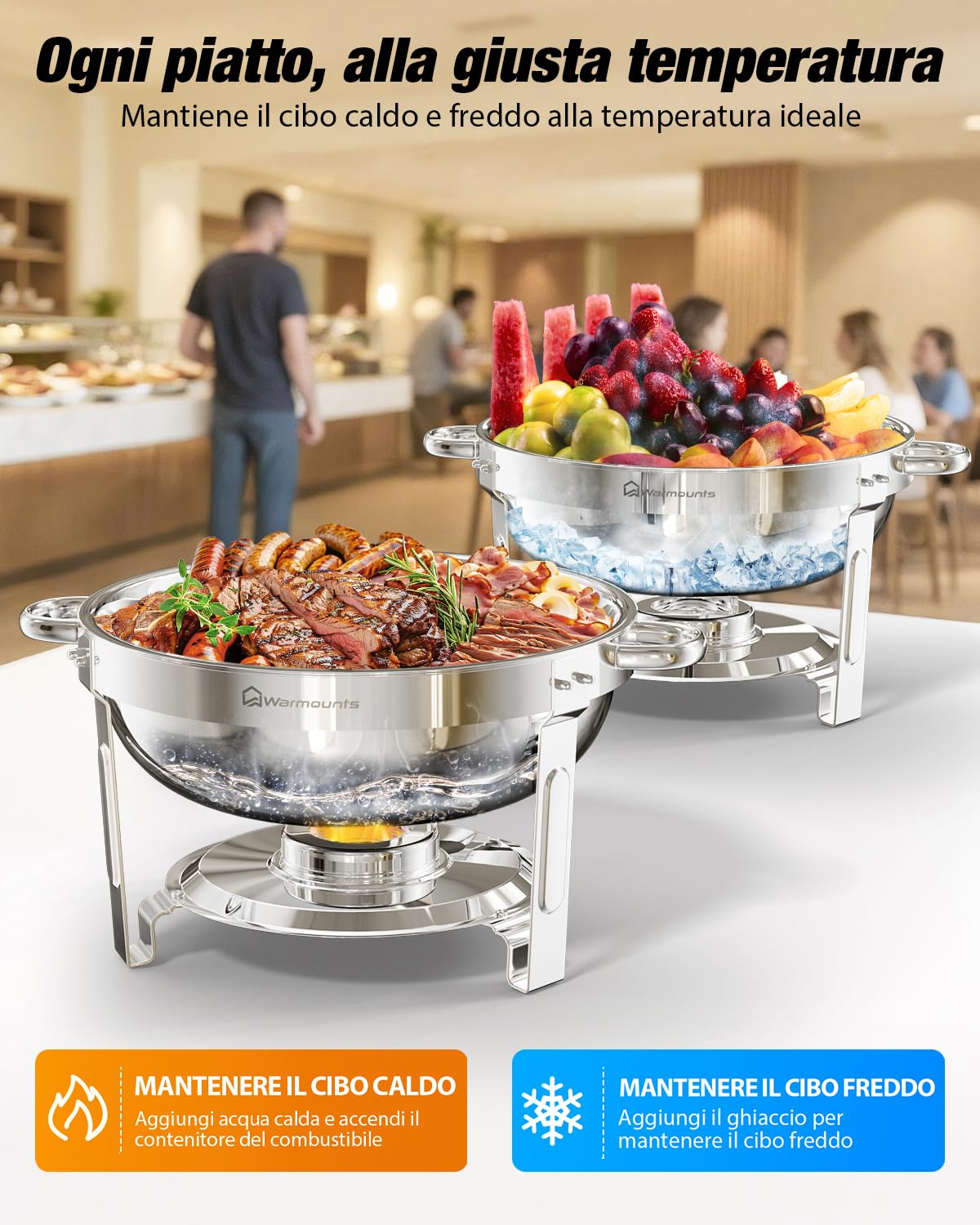 Warmounts Set di 2 scaldavivande rotondi e scaldavivande con coperchio in vetro e supporto per coperchio, scaldavivande in acciaio inox, per catering, feste, eventi, matrimoni, 4 litri