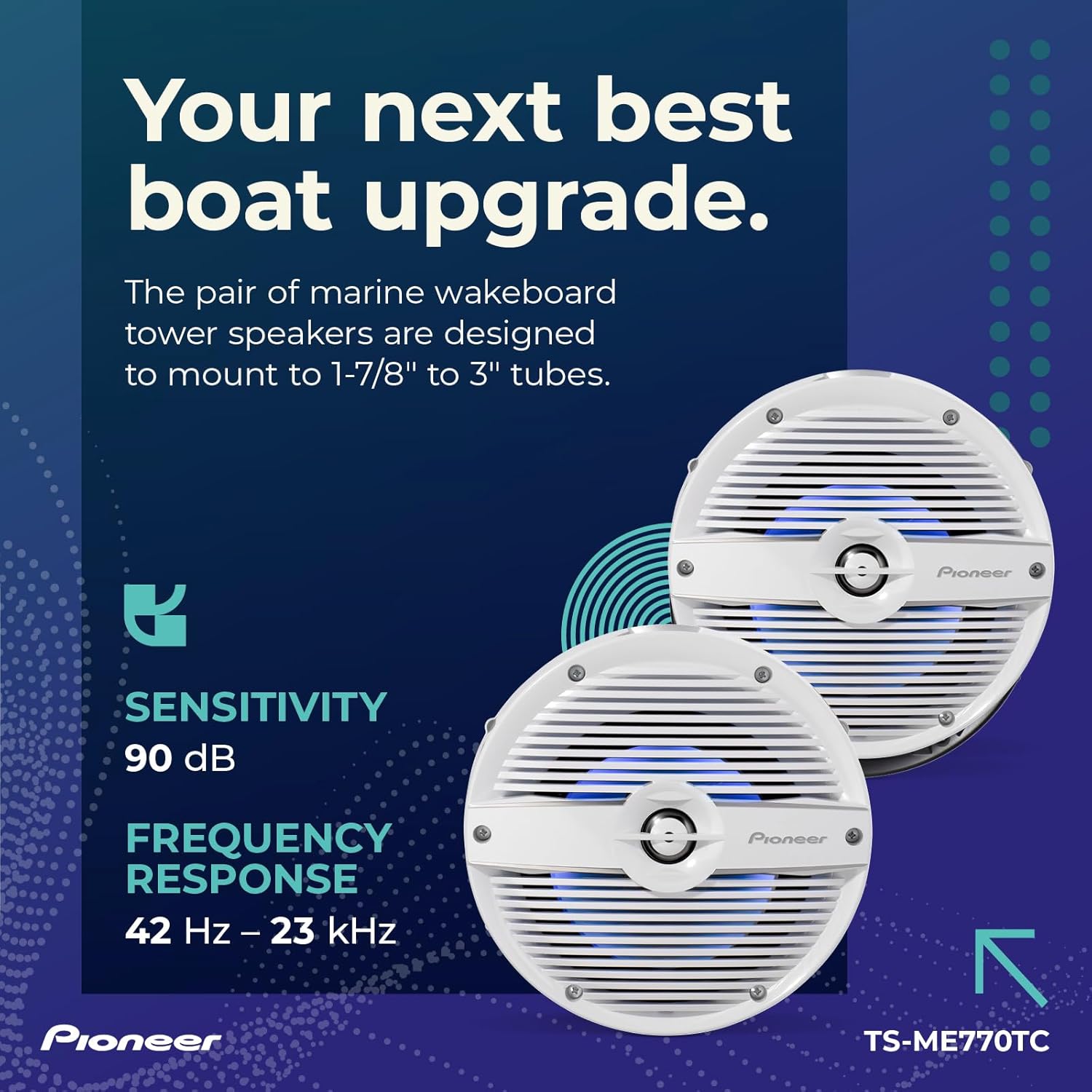 PIONEER TS-ME770TC 7.7" Wakeboard Tower Speakers (Pair, White Classic Design) – 250W, RGB LED Lighting, Water Resistant Marine Speaker System Upgrade for Boats and Other Outdoor Audio Systems